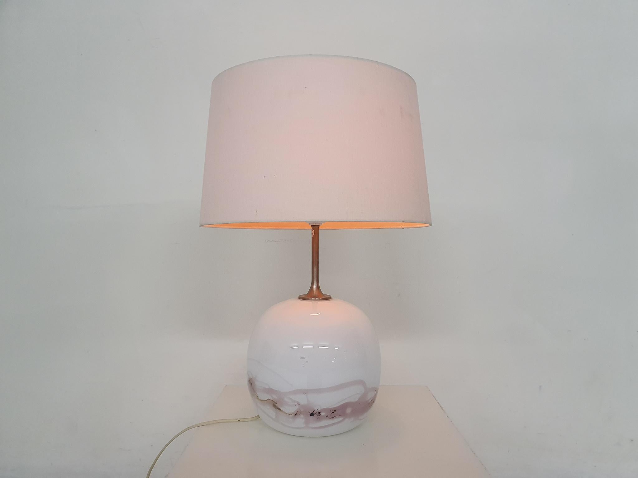 White and pink glass globe by Holmegaard and white (not original) lamp shade. Model Sakura.
