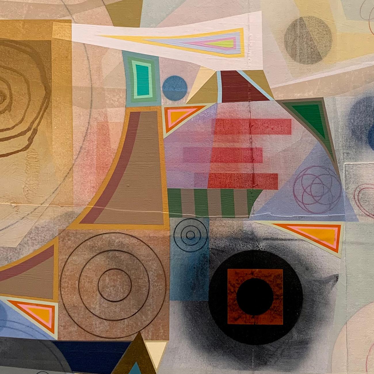Lost Letters (Circle) (Abstract painting)
Mixed media on canvas — Unframed

Although the initial inspiration for a painting might come from a fleeting experience with music, nature, or a memory, Barringer methodically crafts his compositions over an