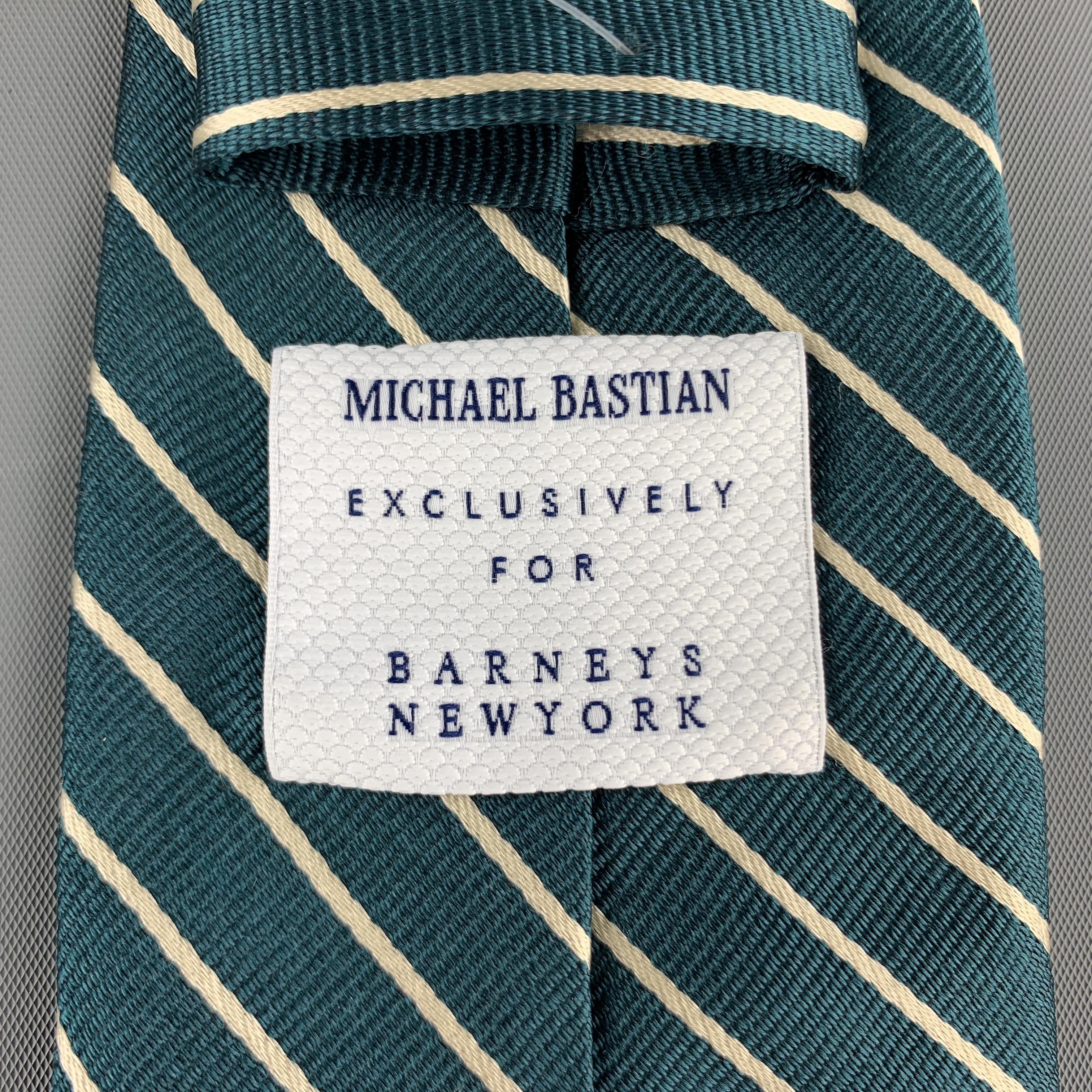 MICHAEL BASTIAN Green & White Diagonal Striped Silk Tie In Excellent Condition In San Francisco, CA