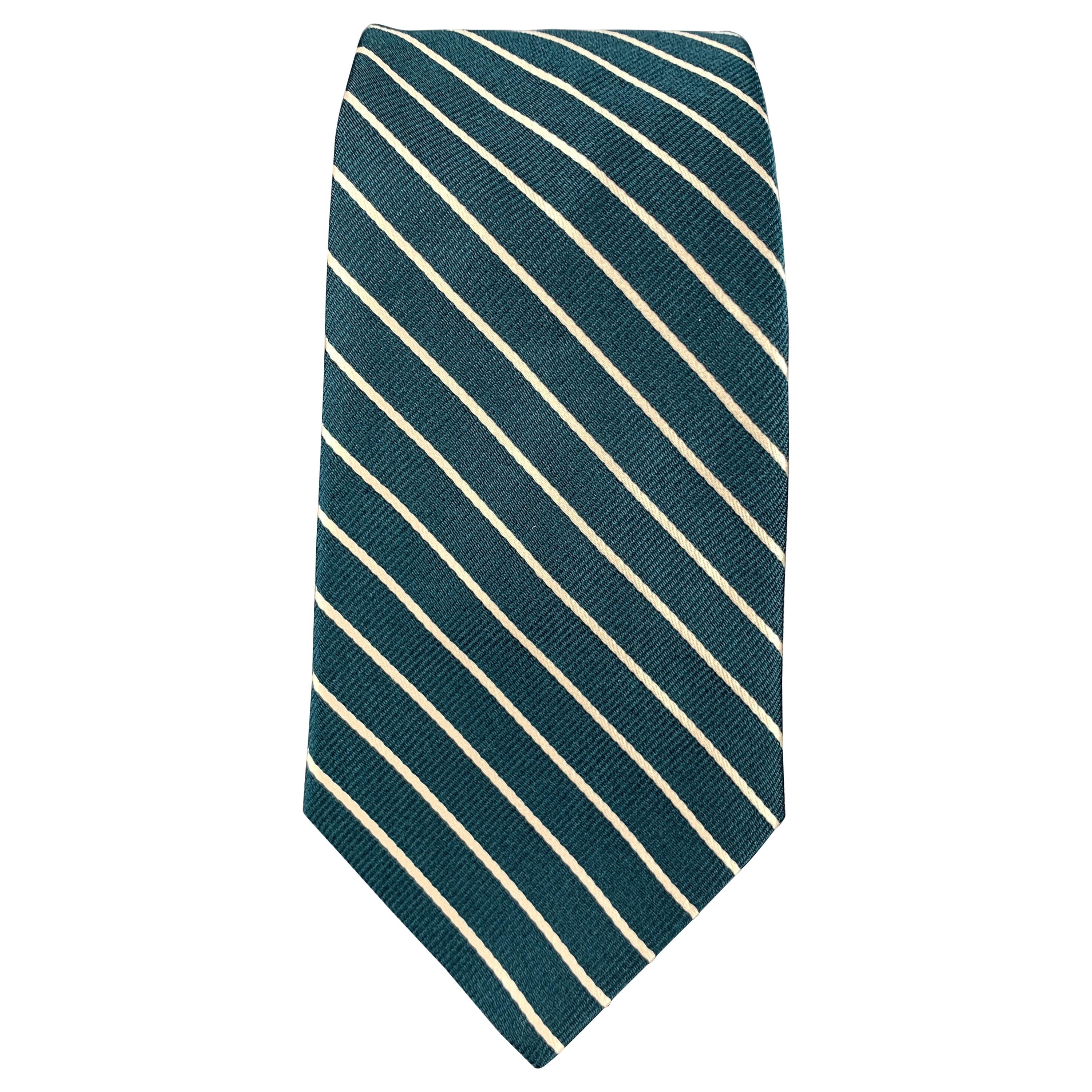 MICHAEL BASTIAN Green & White Diagonal Striped Silk Tie