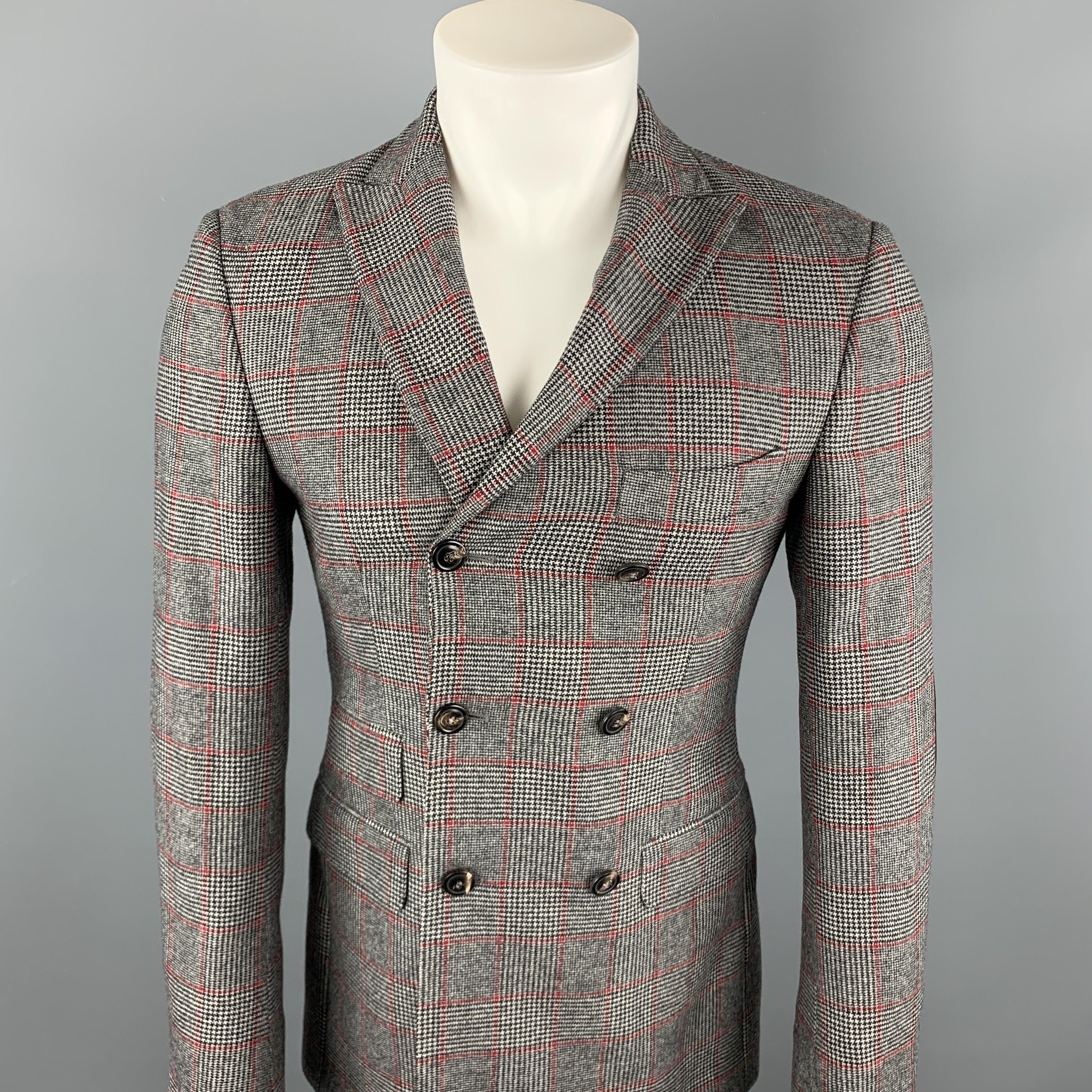 MICHAEL BASTIAN sport coat comes in a black & white plaid wool featuring a peak lapel style, suede elbow patches, flap pockets, and a double breasted closure. Made in Italy.
Excellent
Pre-Owned Condition. 

Marked:   46 

Measurements: 
 
Shoulder: