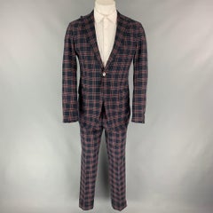 MICHAEL BASTIAN Size 38 Navy Red Plaid Cotton Peak Lapel Suit