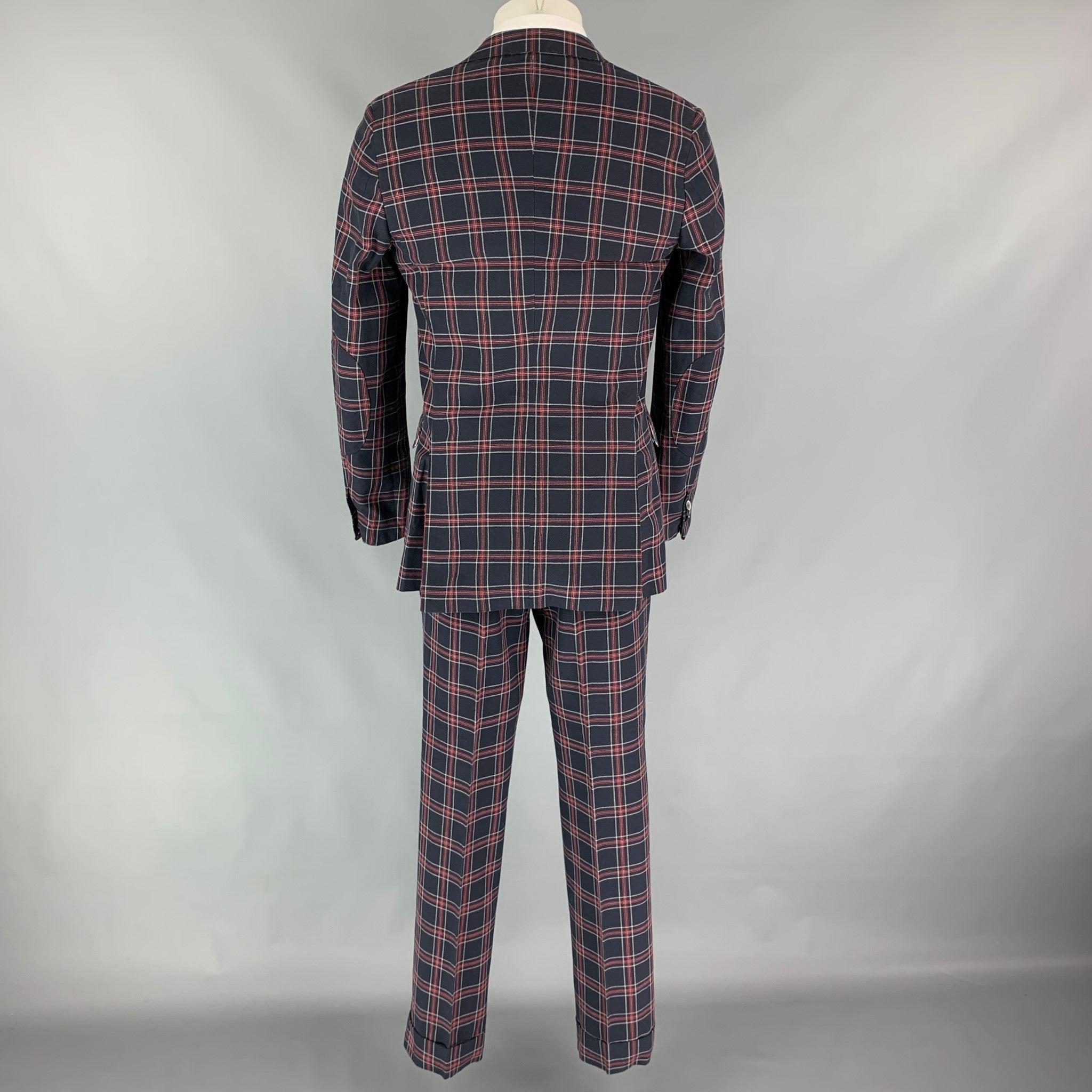 MICHAEL BASTIAN Size 38 Navy Red Plaid Cotton Peak Lapel Suit In Excellent Condition In San Francisco, CA