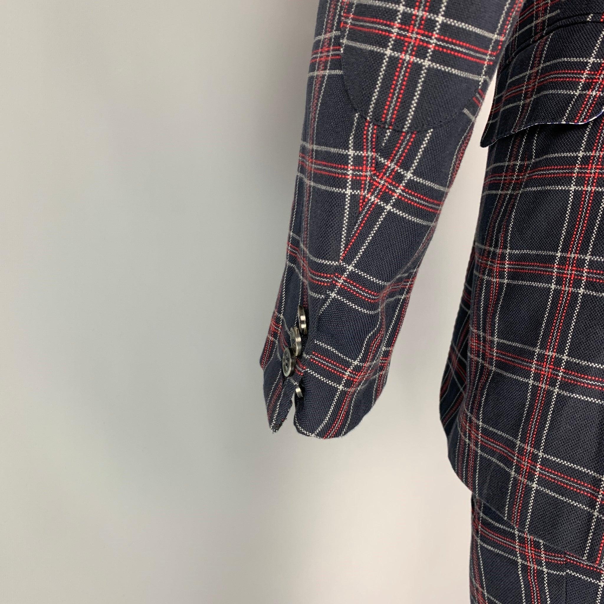 Men's MICHAEL BASTIAN Size 38 Navy Red Plaid Cotton Peak Lapel Suit
