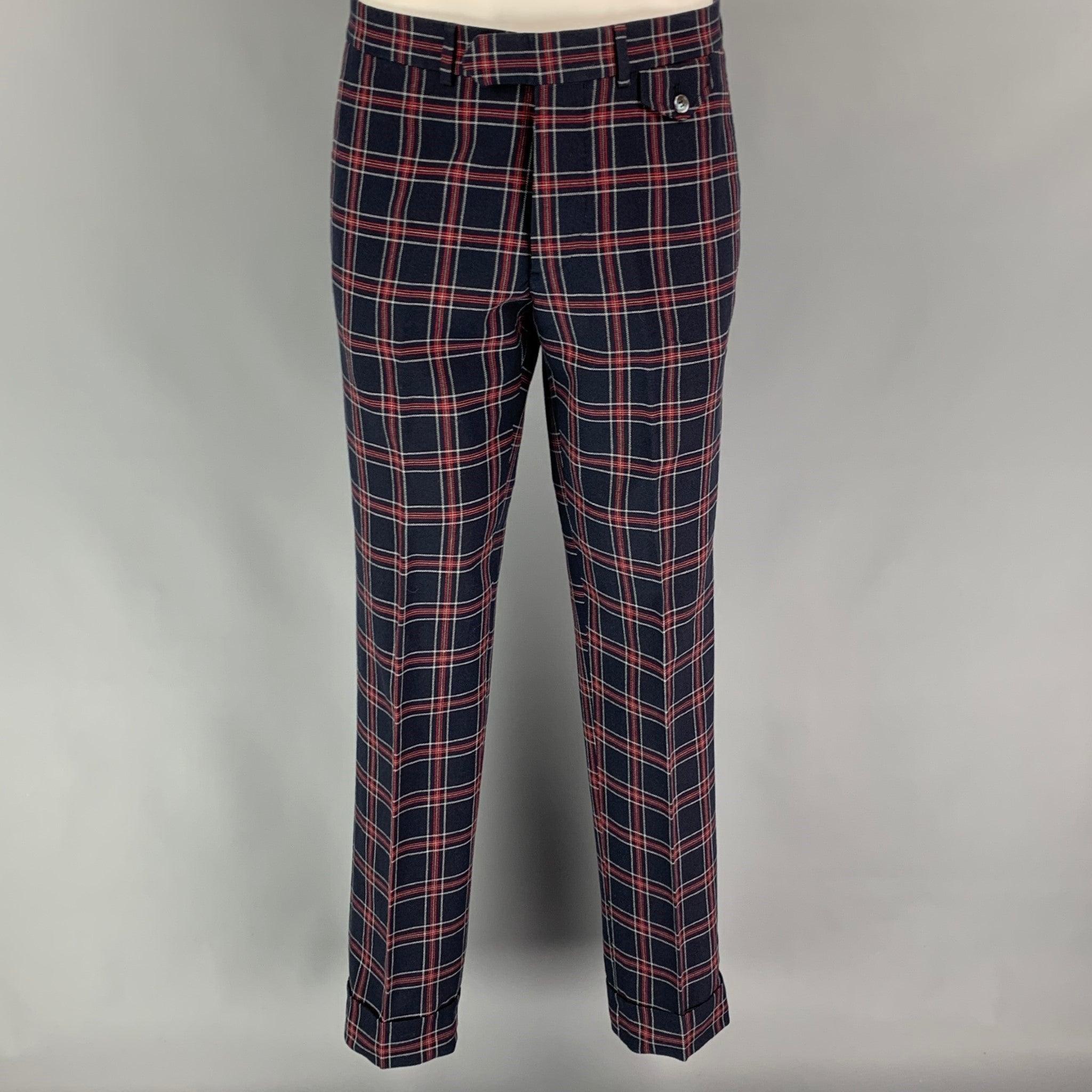 MICHAEL BASTIAN Size 38 Navy Red Plaid Cotton Peak Lapel Suit 1