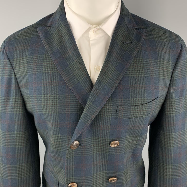 MICHAEL BASTIAN Size 40 Navy and Green Plaid Wool Peak Lapel Double ...