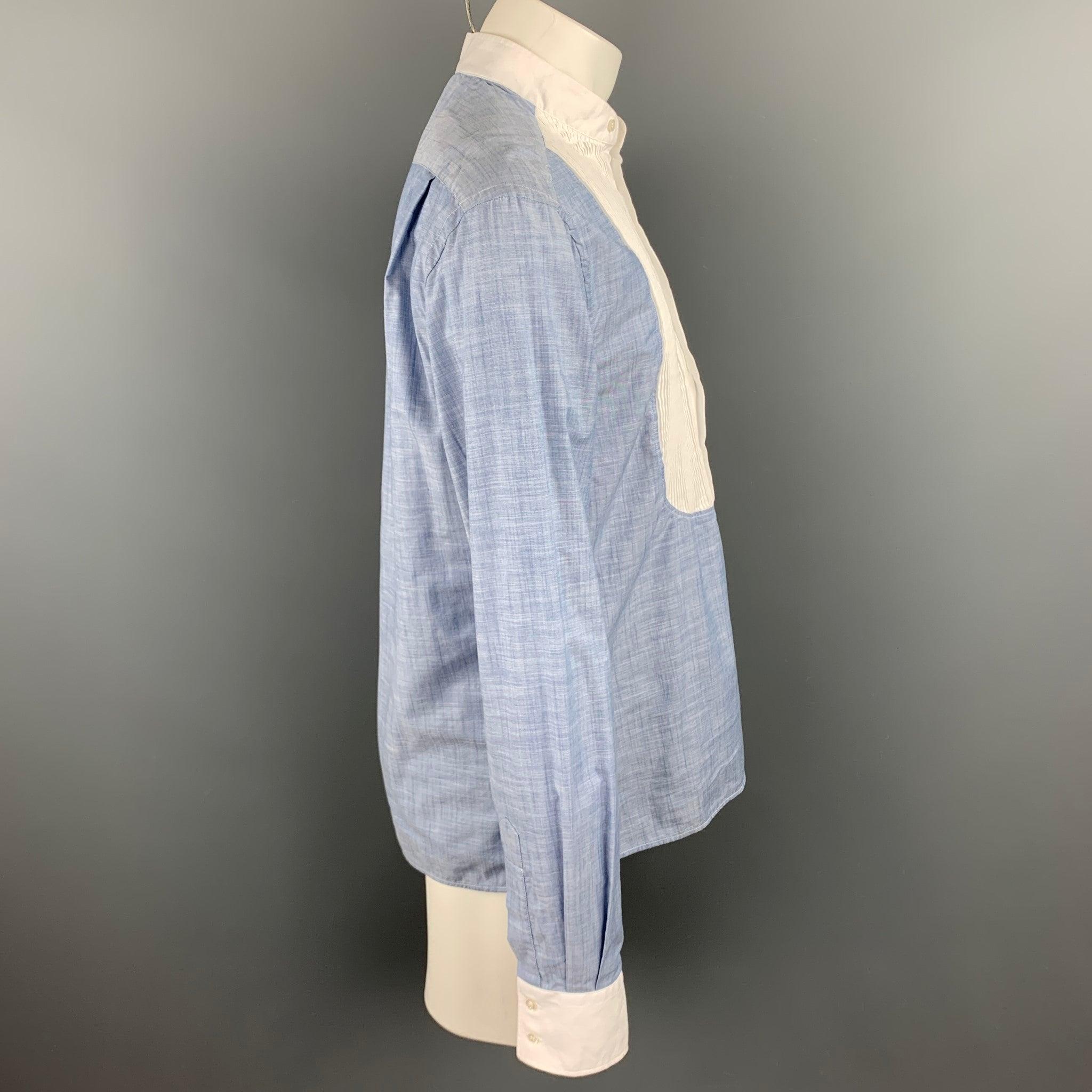 MICHAEL BASTIAN Size L Blue & White Pleated Cotton Long Sleeve Shirt In Good Condition For Sale In San Francisco, CA