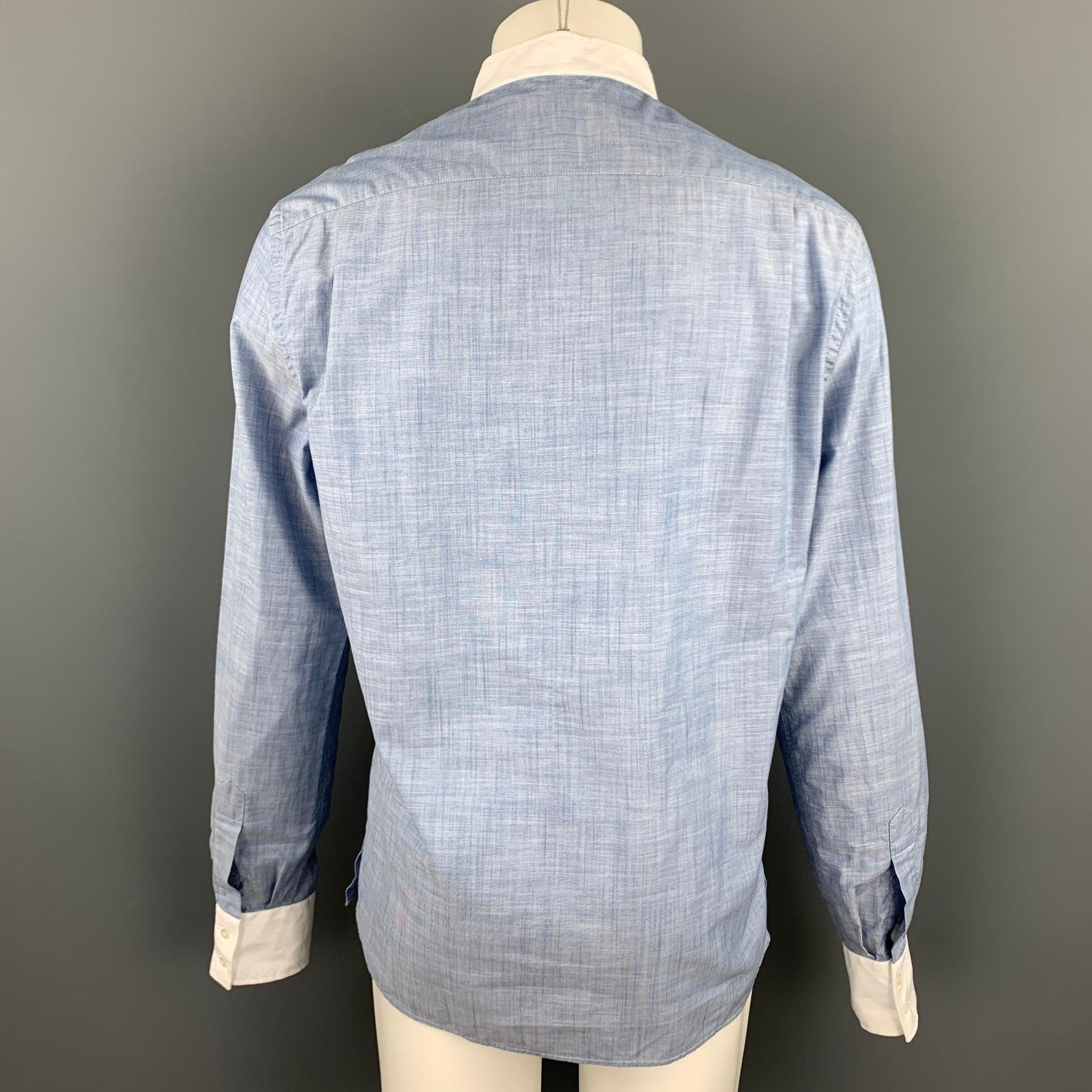 Men's MICHAEL BASTIAN Size L Blue & White Pleated Cotton Long Sleeve Shirt For Sale