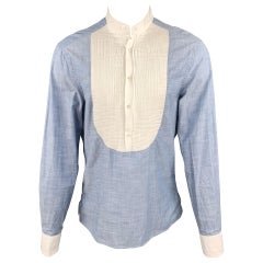 MICHAEL BASTIAN Size L Blue & White Pleated Cotton Long Sleeve Shirt