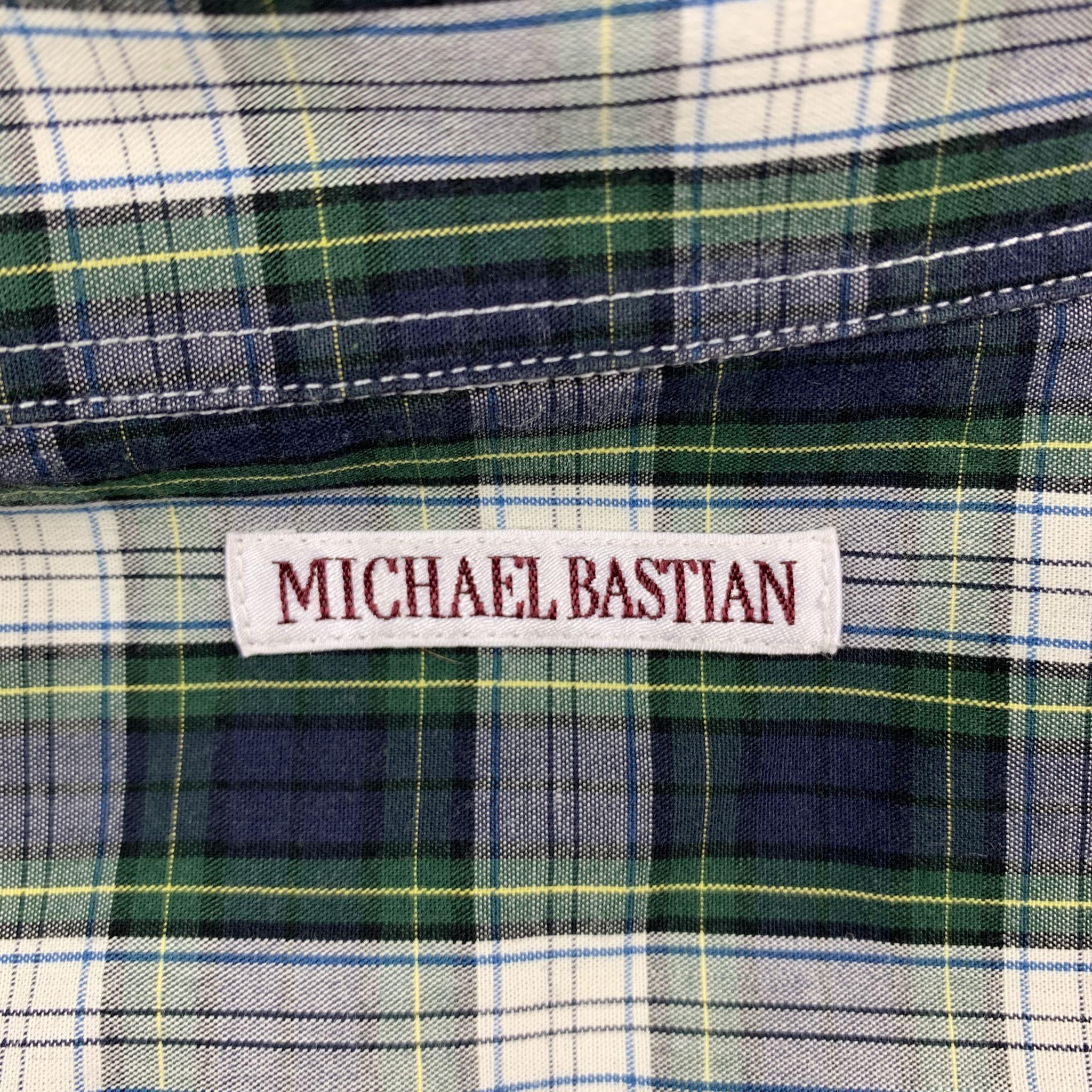 Men's MICHAEL BASTIAN Size M Navy & White Plaid Cotton Button Up Long Sleeve Shirt