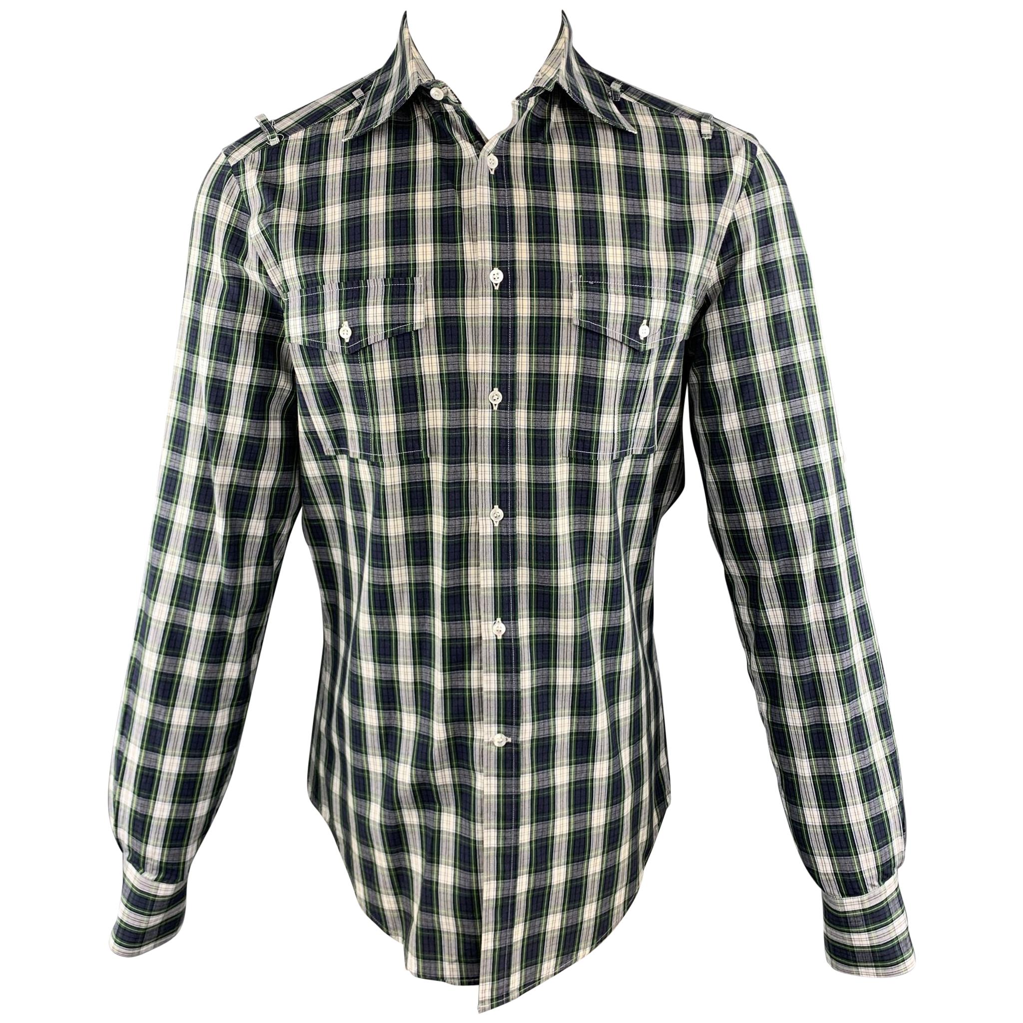MICHAEL BASTIAN Size M Navy & White Plaid Cotton Button Up Long Sleeve Shirt