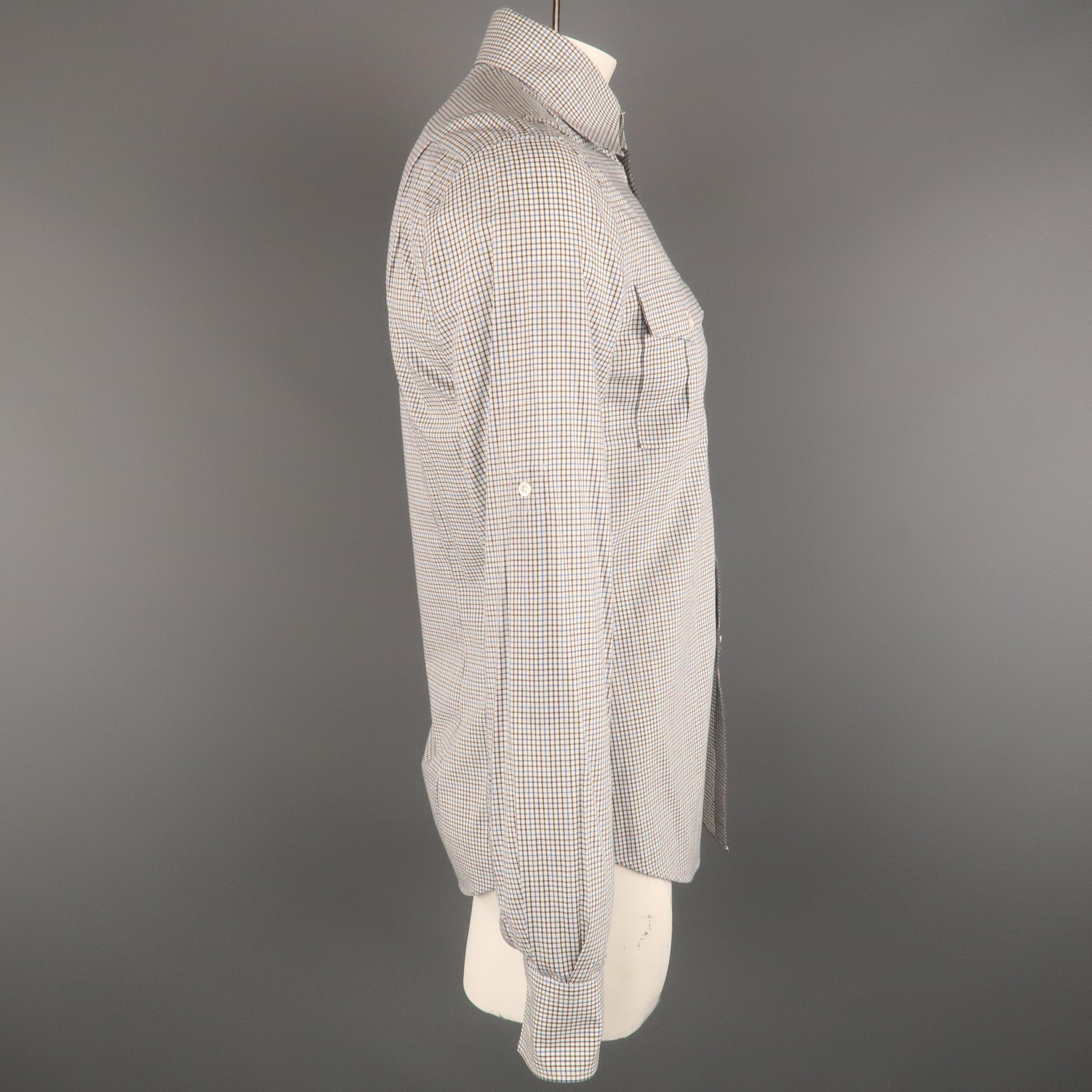 Men's MICHAEL BASTIAN Size S Blue & Brown Plaid Cotton Button Up Long Sleeve Shirt For Sale