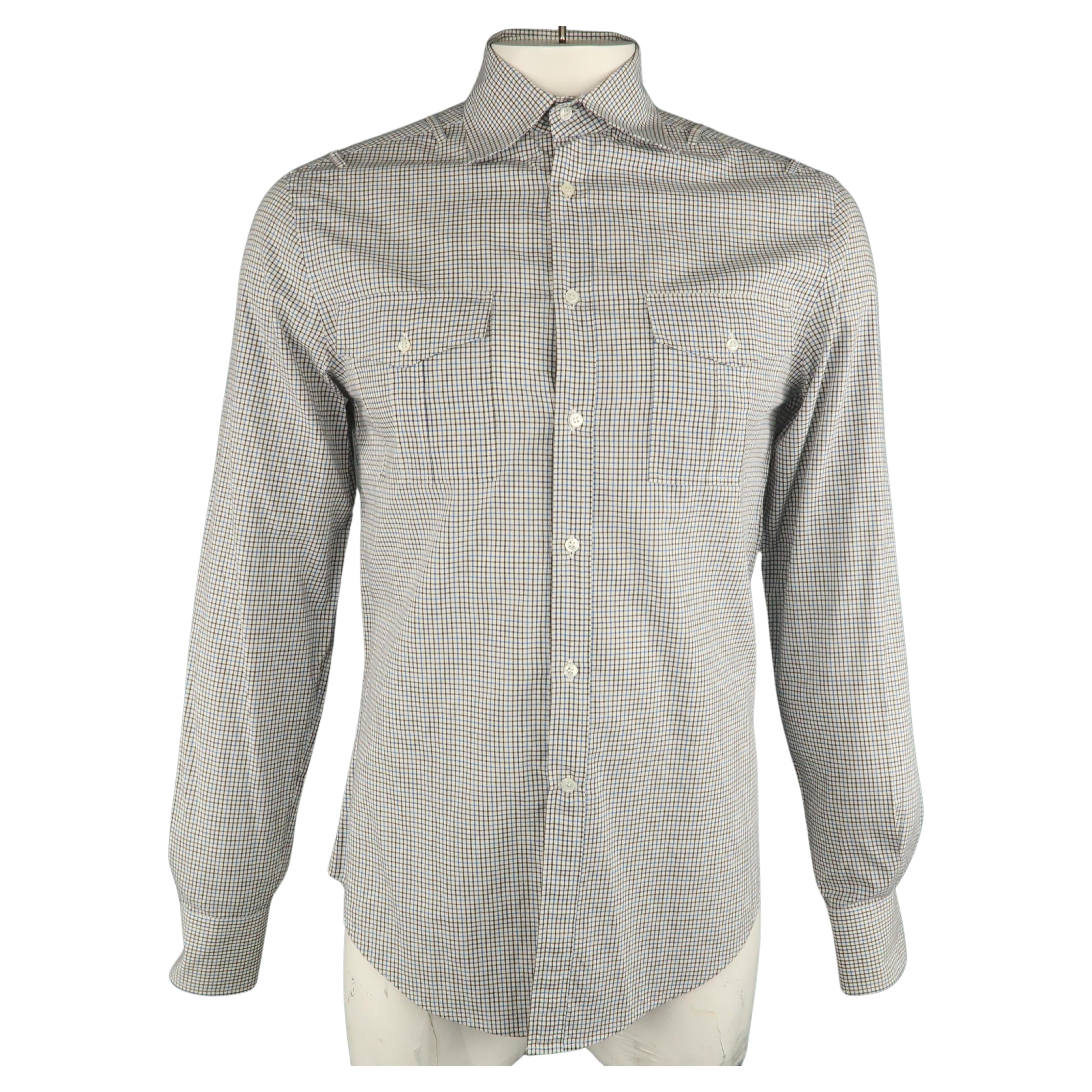 MICHAEL BASTIAN Size S Blue & Brown Plaid Cotton Button Up Long Sleeve Shirt For Sale