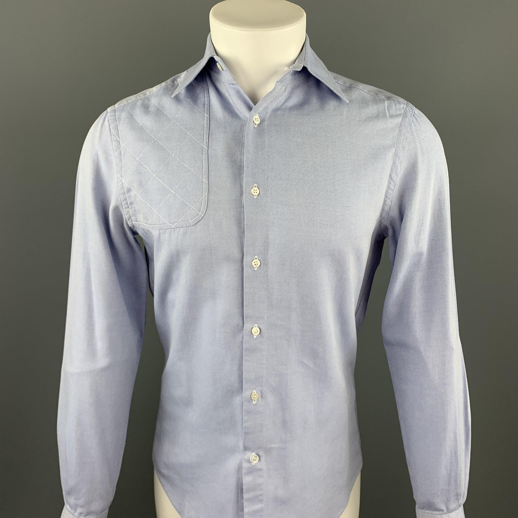MICHAEL BASTIAN long sleeve shirt comes in a light blue cotton featuring a button up style, quilted patch, and a spread collar. Made in USA.Excellent
Pre-Owned Condition. 

Marked:   15/38 

Measurements: 
 
Shoulder: 17 inches 
Chest: 38 inches