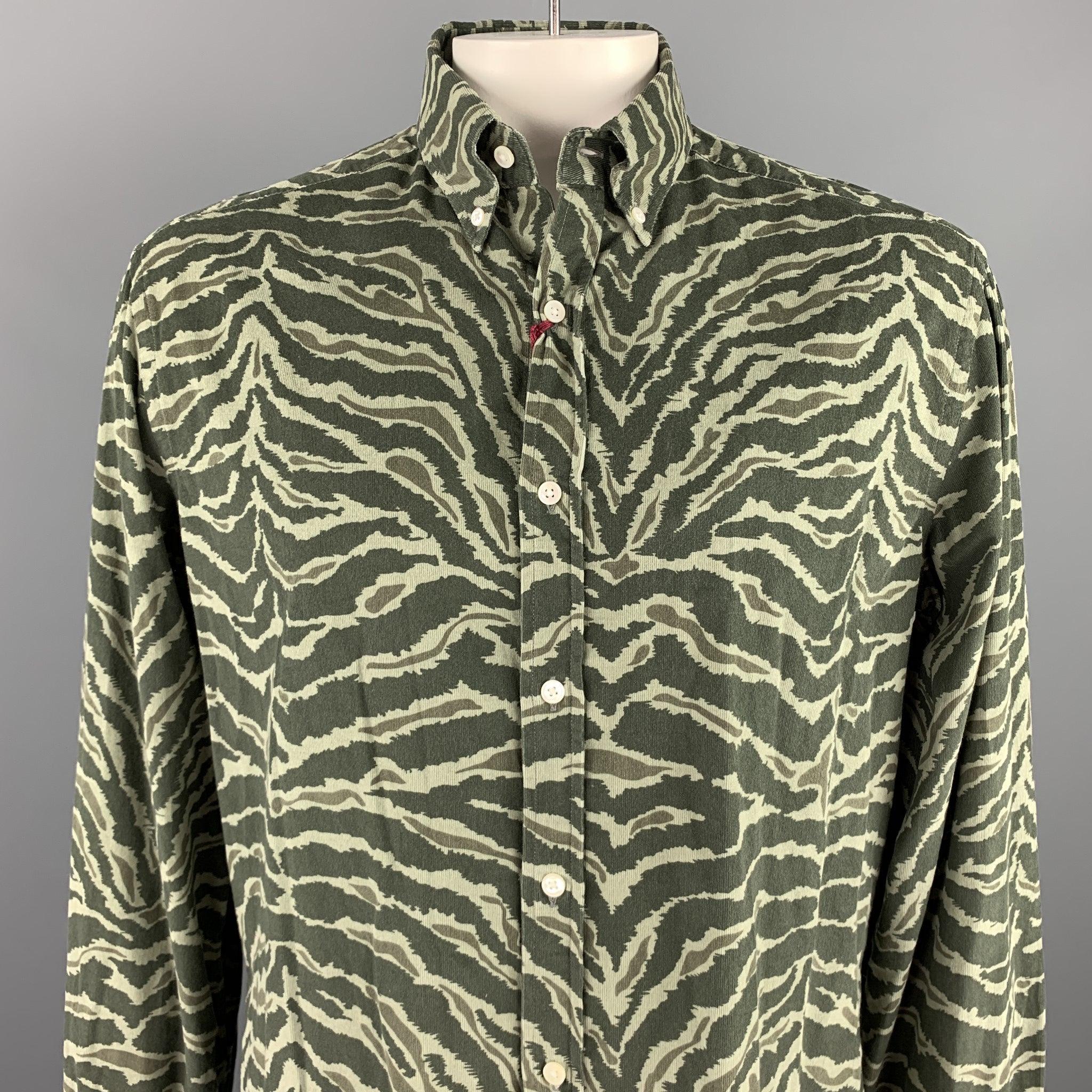 MICHAEL BASTIAN long sleeve shirt comes in a olive print cotton featuring a button down style and elbow patches. Made in Portugal.New With Tags. 

Marked:   XXL 

Measurements: 
 
Shoulder: 19.5 inches 
Chest: 48 inches 
Sleeve: 29 inches 
Length: