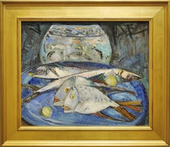 20th Century Expressionist Blue Still Life with Fish