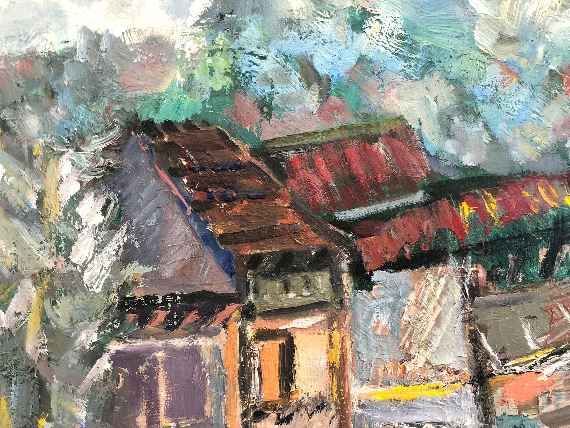 „Farbenfrohe mexikanische Dorfszene“, expressionistisches Ölgemälde auf Masonit (Expressionismus), Painting, von Michael Baxte