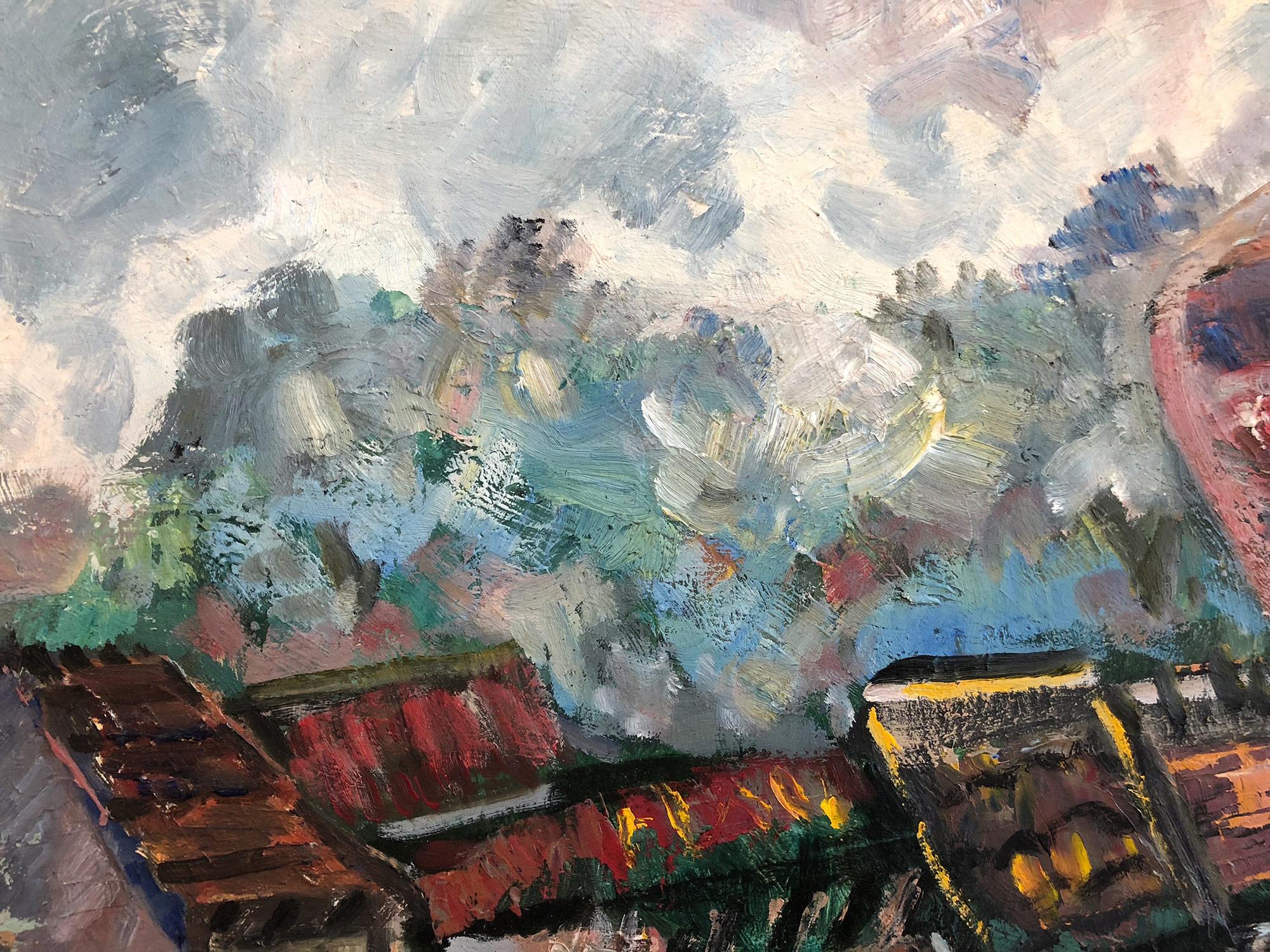 „Farbenfrohe mexikanische Dorfszene“, expressionistisches Ölgemälde auf Masonit (Grau), Landscape Painting, von Michael Baxte