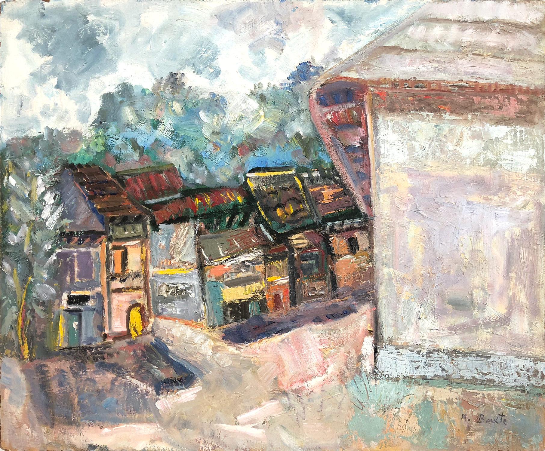 Michael Baxte Landscape Painting – „Farbenfrohe mexikanische Dorfszene“, expressionistisches Ölgemälde auf Masonit