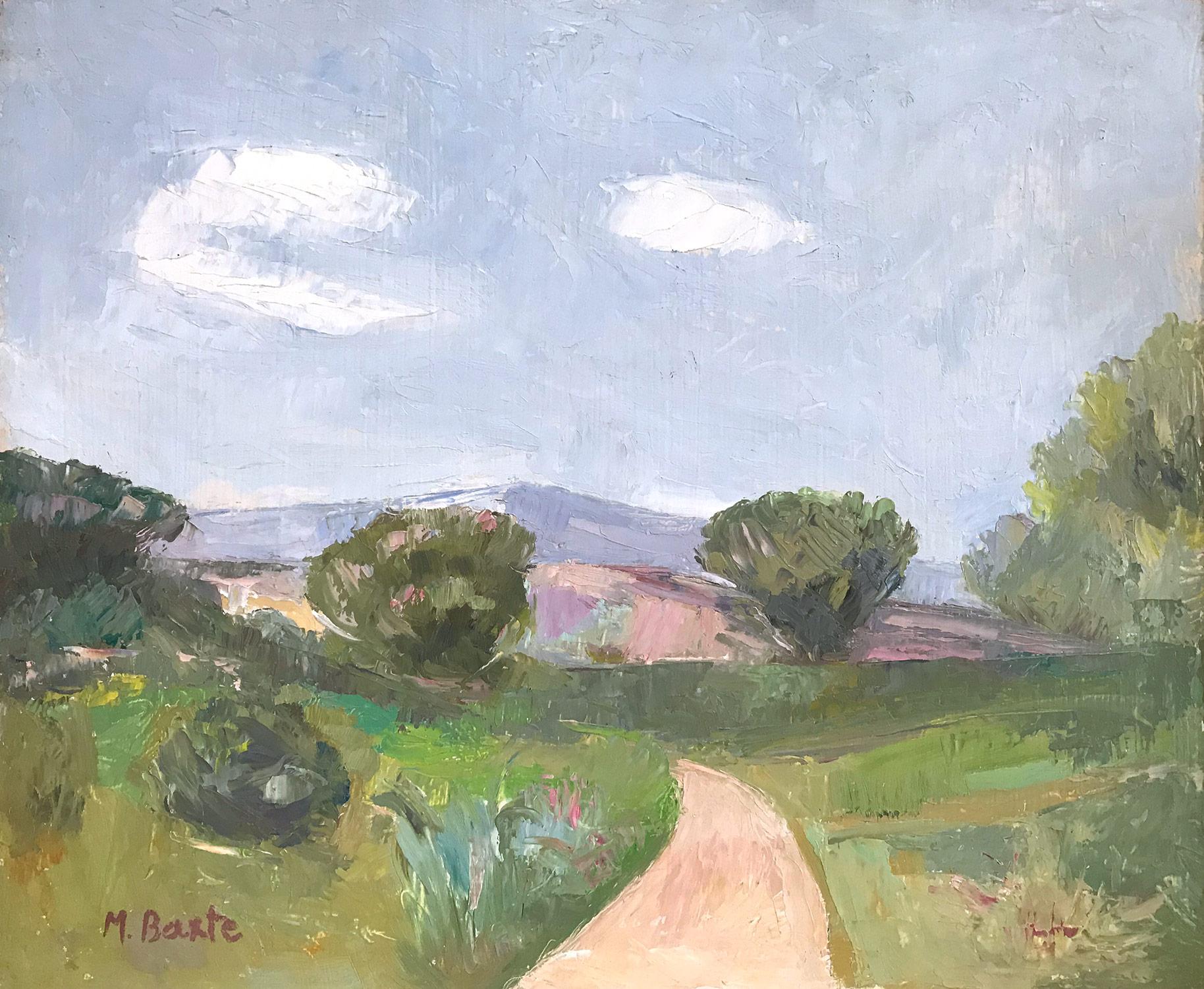 Landscape Painting di Michael Baxte - "Paesaggio di campagna con scena di colline e sentiero" Pittura ad olio in stile espressionista