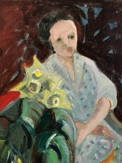 "Escena interior con figura" Pintura al óleo de estilo expresionista sobre masonita