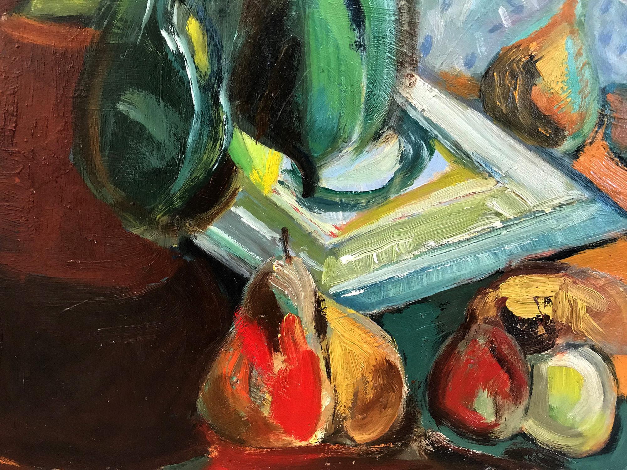A strong modernist oil painting depicted in 1969 by Russian painter Michael Baxte. Mostly known for his abstracted figures on canvas or street scenes, this piece is a wonderful representation of his bold still life paintings, with expressive use of