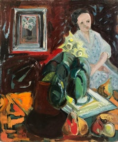 "Scène d'intérieur avec figure" Peinture à l'huile de style expressionniste sur massonite