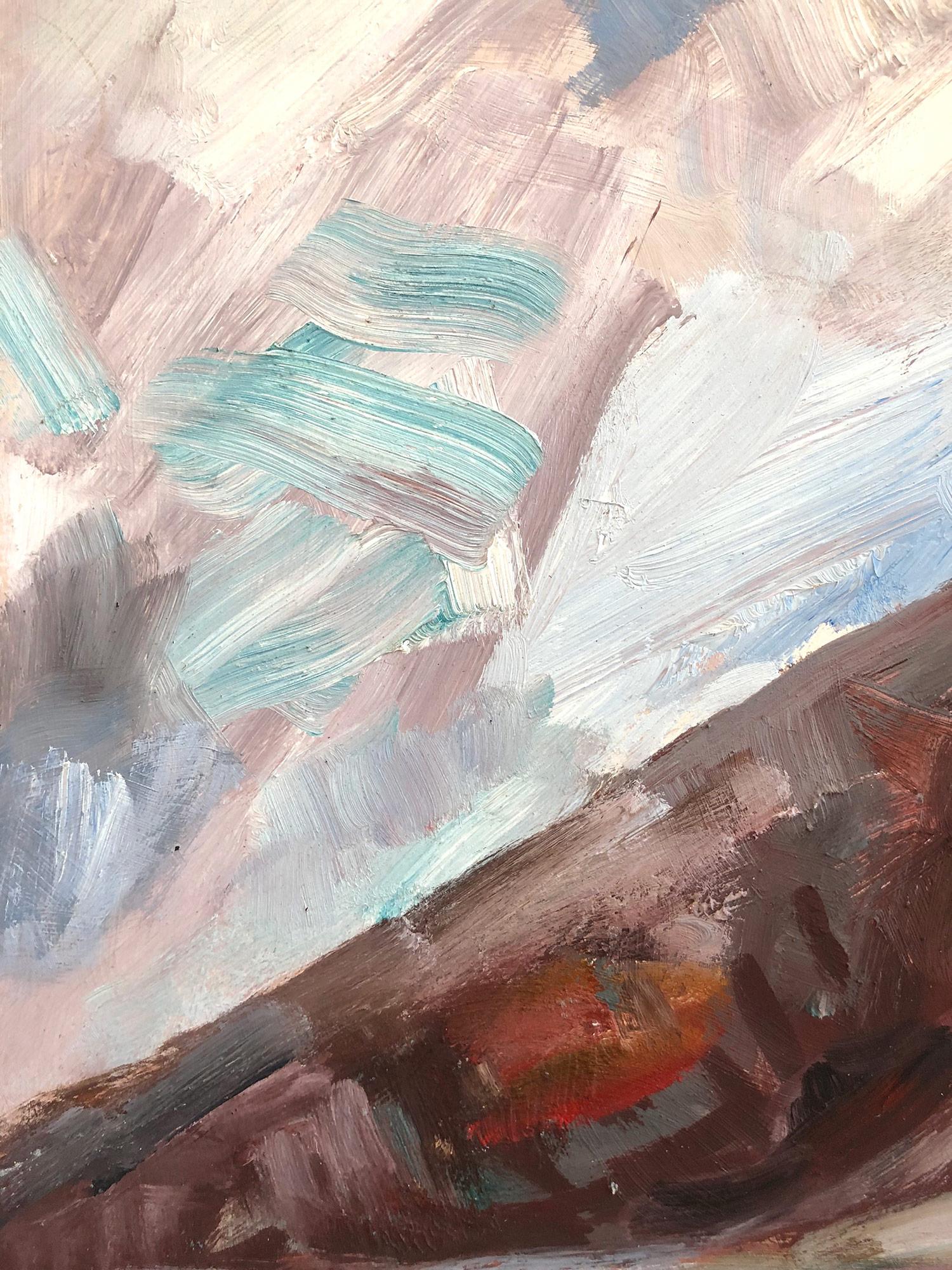 Peinture à l'huile expressionniste « Paysage d'un village au-delà des montagnes » sur massonite en vente 5