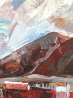 "Landscape of a Village Near Mountains" Expressionistic Oil Painting on Masonite