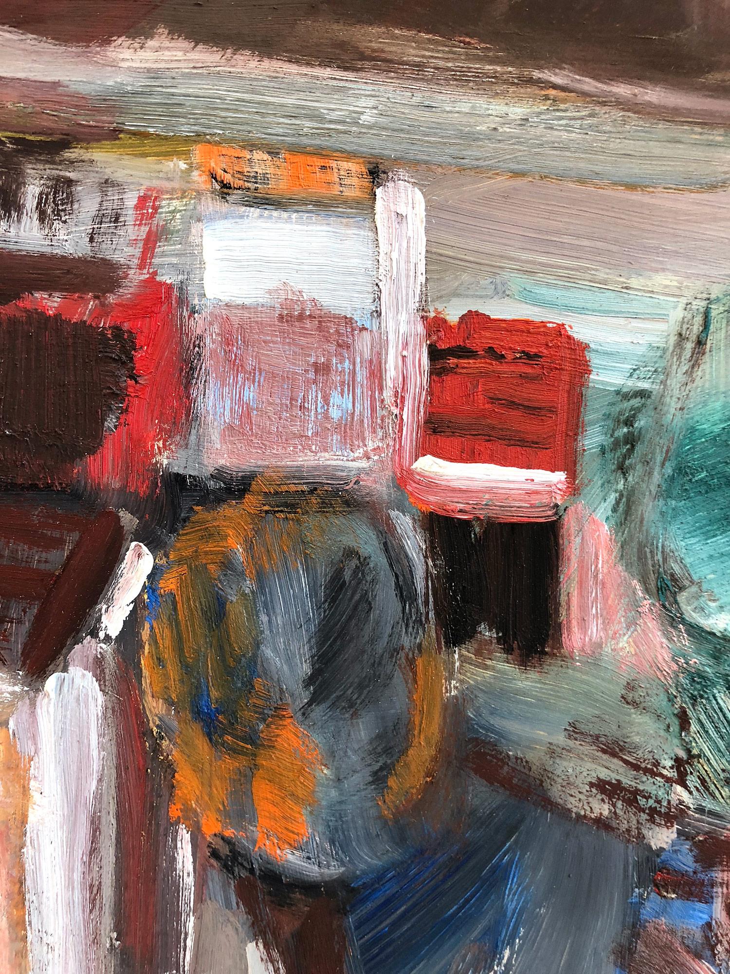 Peinture à l'huile expressionniste « Paysage d'un village au-delà des montagnes » sur massonite - Expressionniste Painting par Michael Baxte
