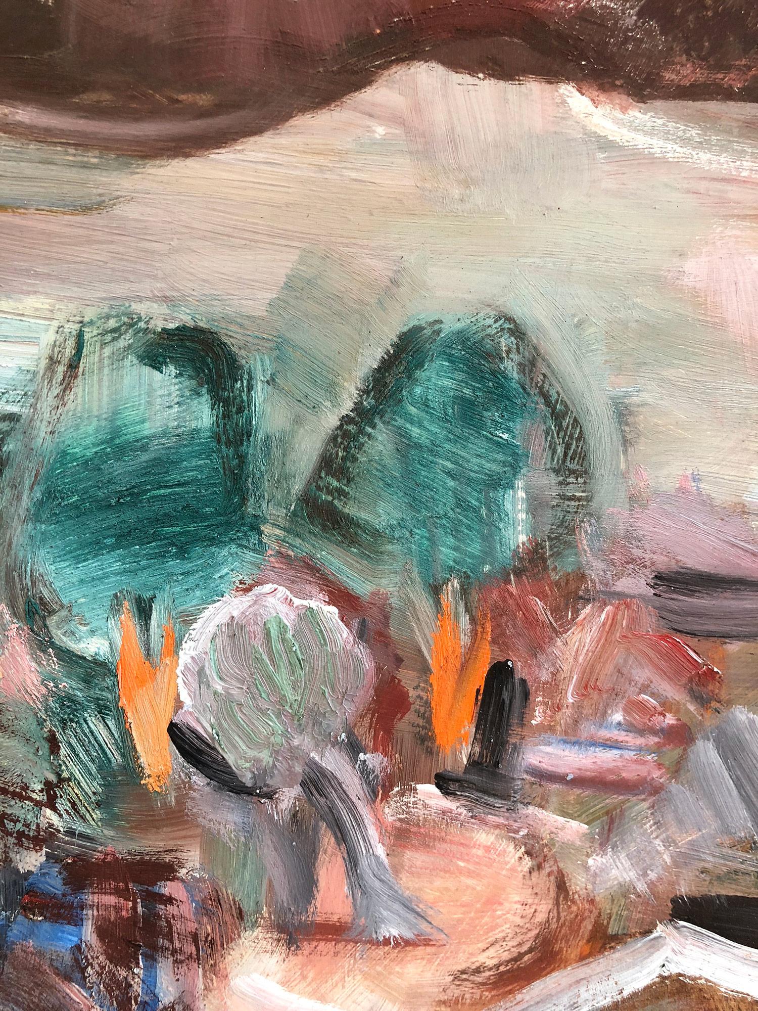 Peinture à l'huile expressionniste « Paysage d'un village au-delà des montagnes » sur massonite - Gris Landscape Painting par Michael Baxte