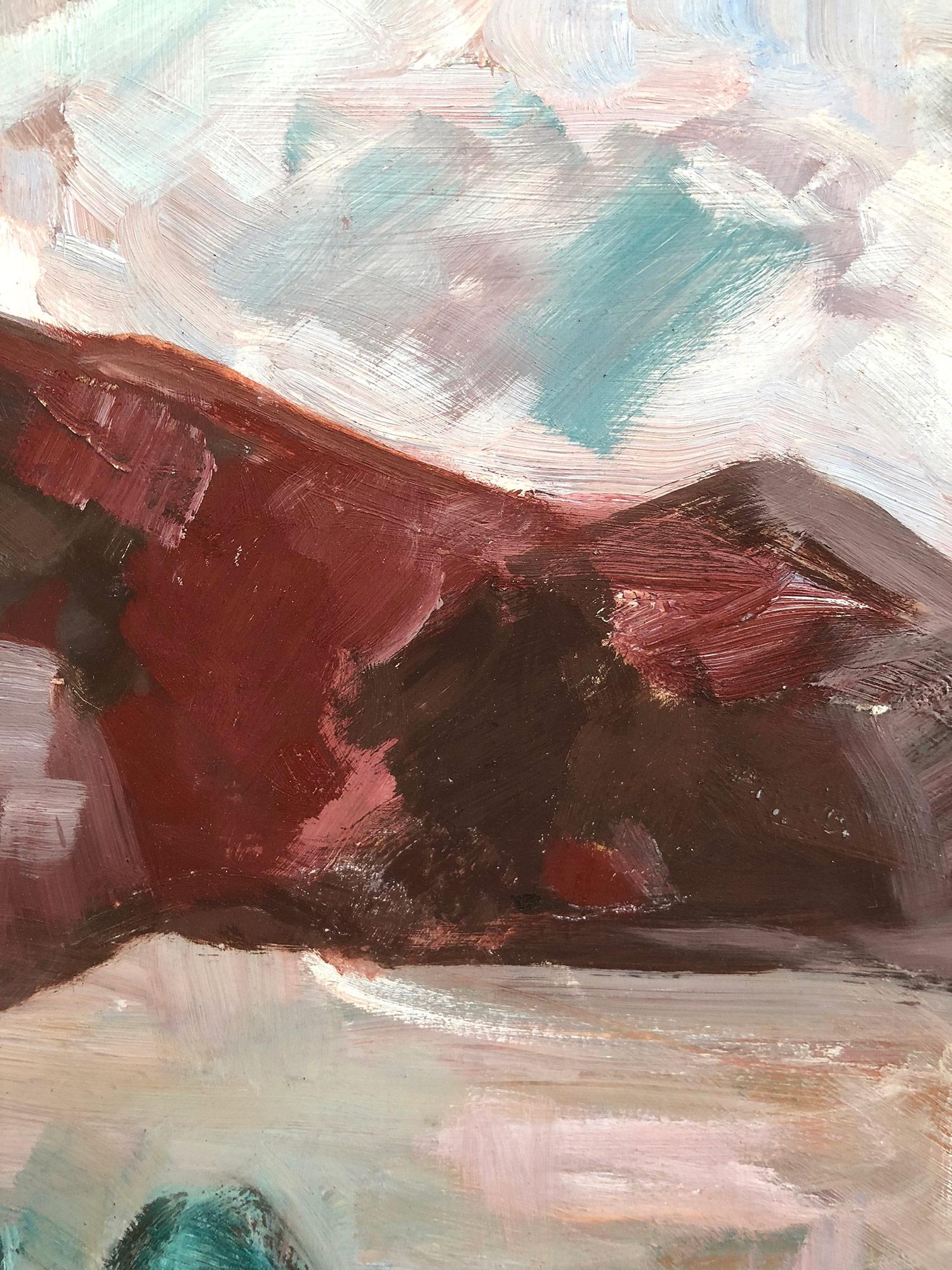 Peinture à l'huile expressionniste « Paysage d'un village au-delà des montagnes » sur massonite en vente 1