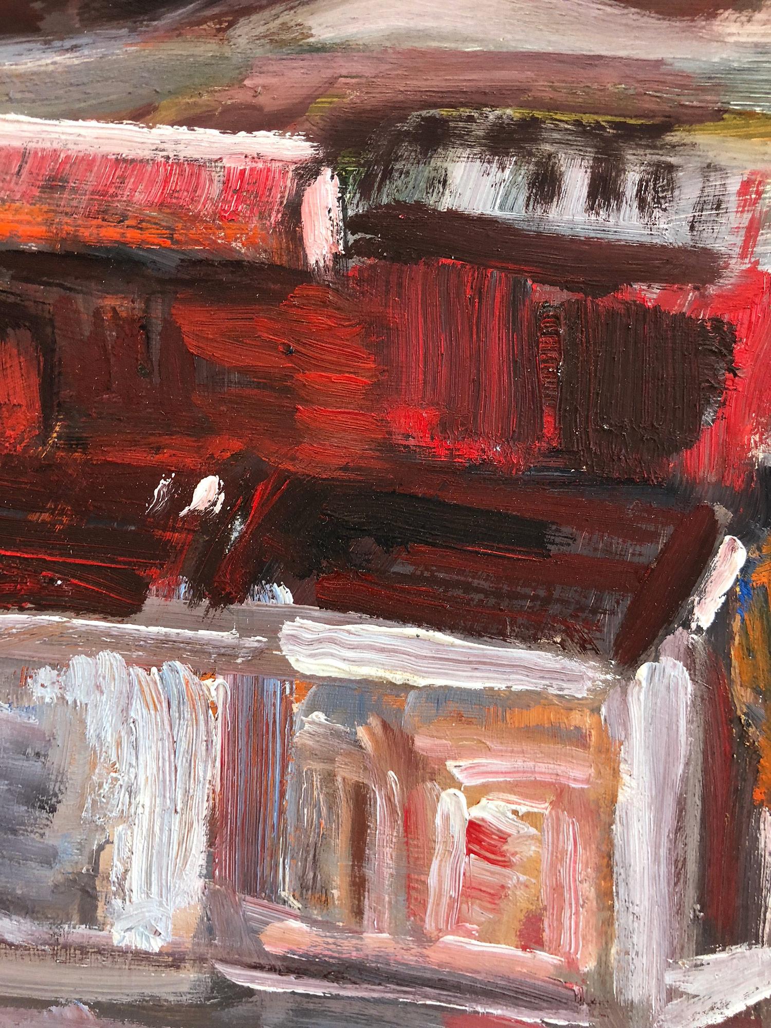 Peinture à l'huile expressionniste « Paysage d'un village au-delà des montagnes » sur massonite en vente 2