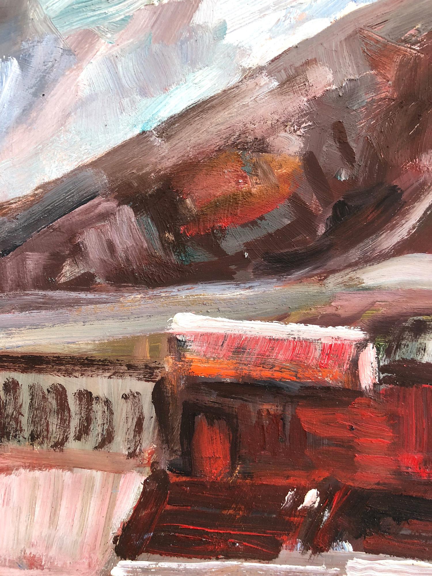 Peinture à l'huile expressionniste « Paysage d'un village au-delà des montagnes » sur massonite en vente 4