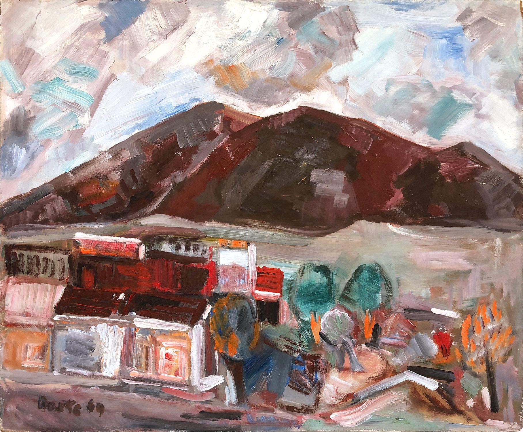 Landscape Painting Michael Baxte - Peinture à l'huile expressionniste « Paysage d'un village au-delà des montagnes » sur massonite