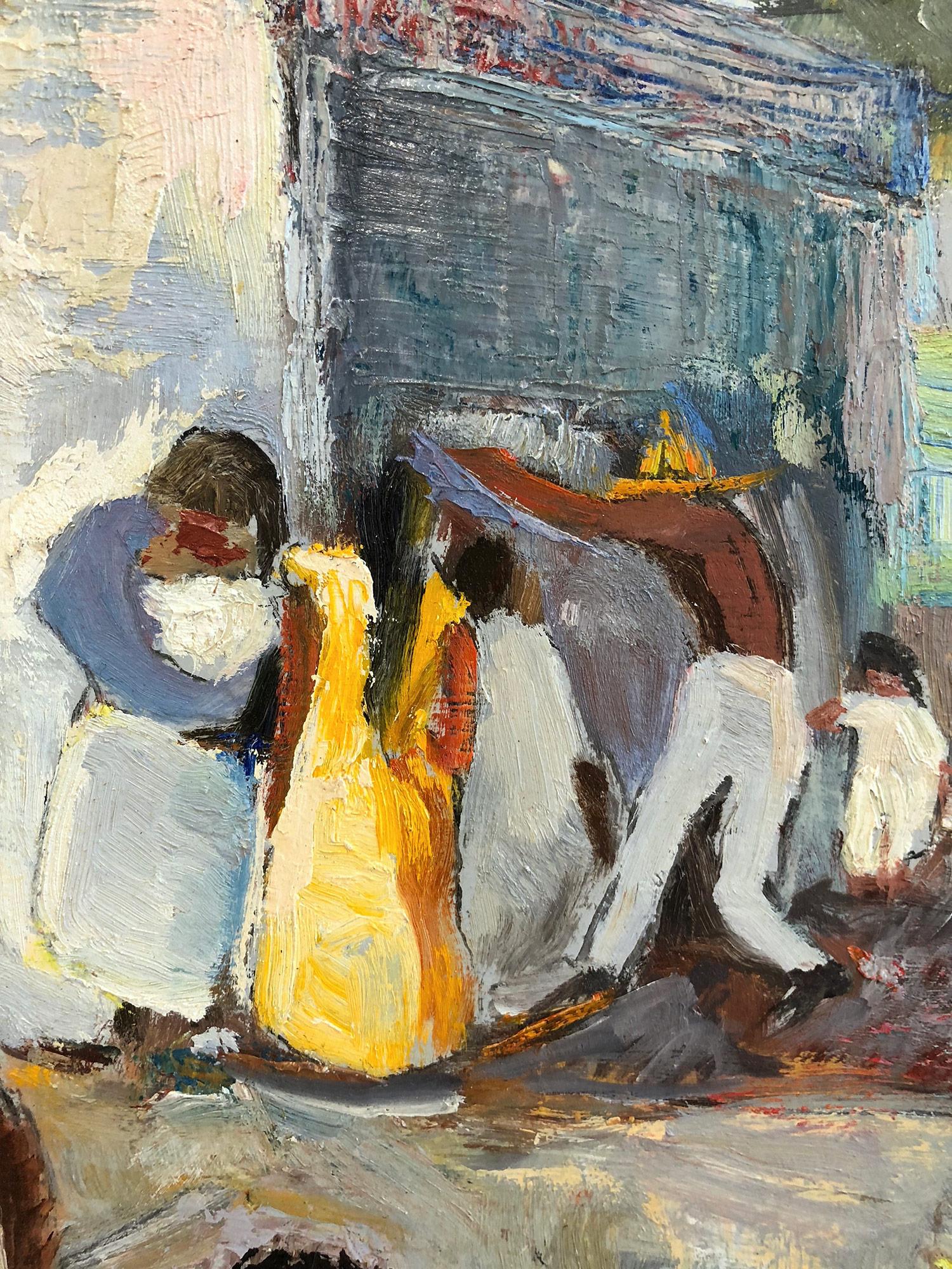 Ein starkes modernistisches Ölgemälde, das 1971 von dem russischen Maler Michael Baxte gemalt wurde. Dieses Werk, das vor allem für seine abstrahierten Figuren auf der Leinwand oder Straßenszenen bekannt ist, ist eine wunderbare Darstellung seiner