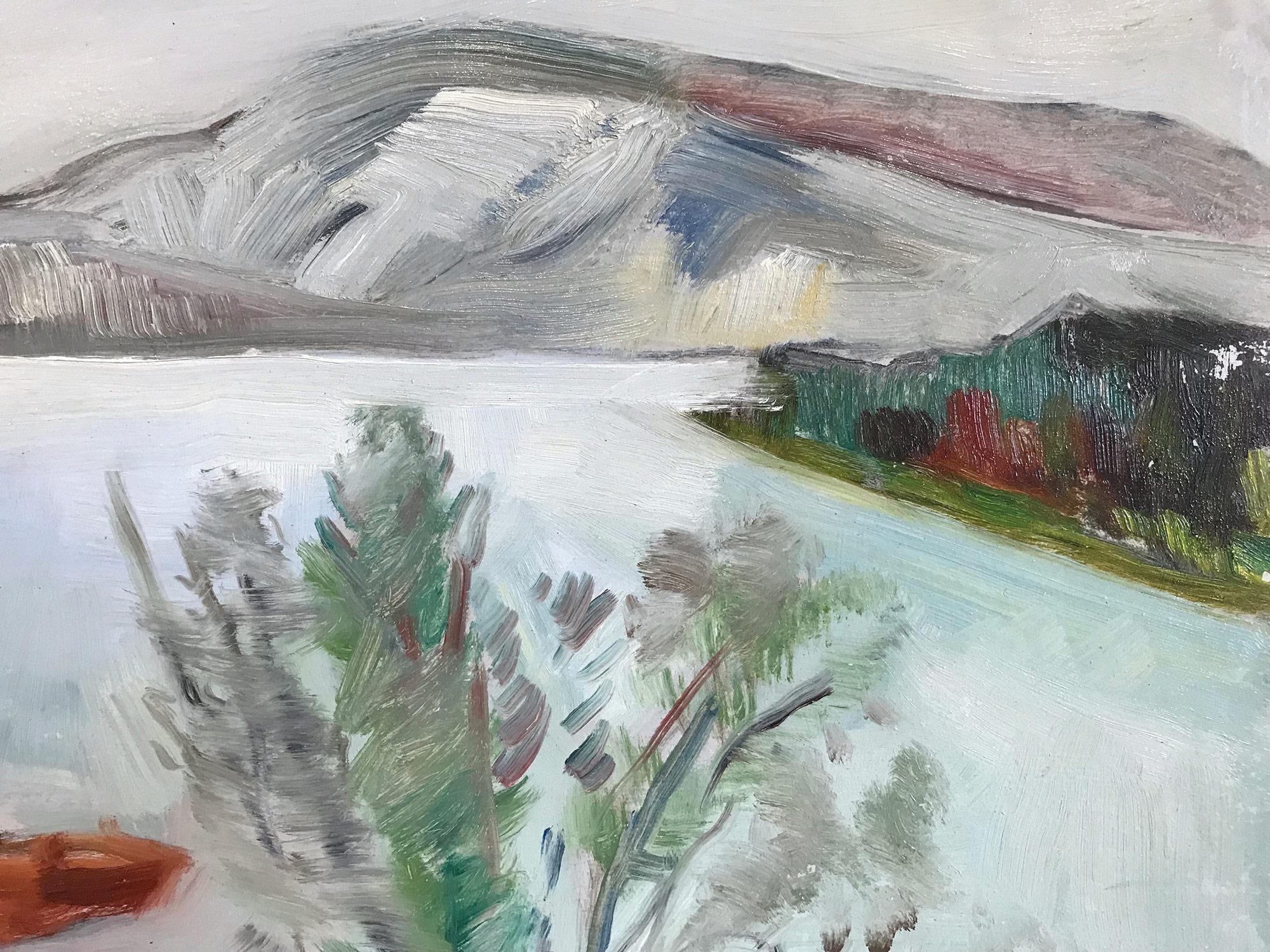 « Scène de paysage d'un pêcheur par un lac » - Peinture à l'huile expressionniste sur massonite en vente 5
