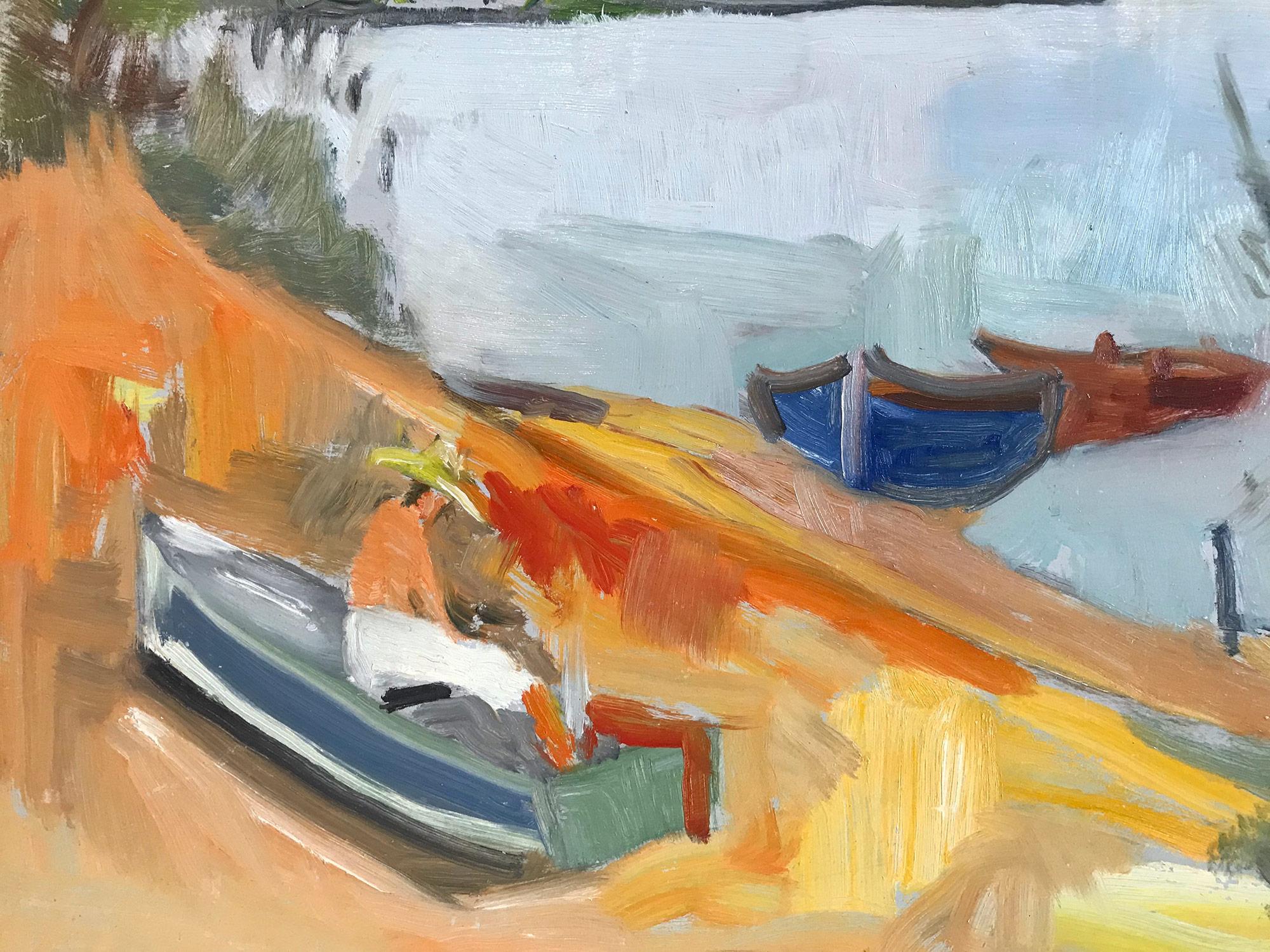 « Scène de paysage d'un pêcheur par un lac » - Peinture à l'huile expressionniste sur massonite - Painting de Michael Baxte