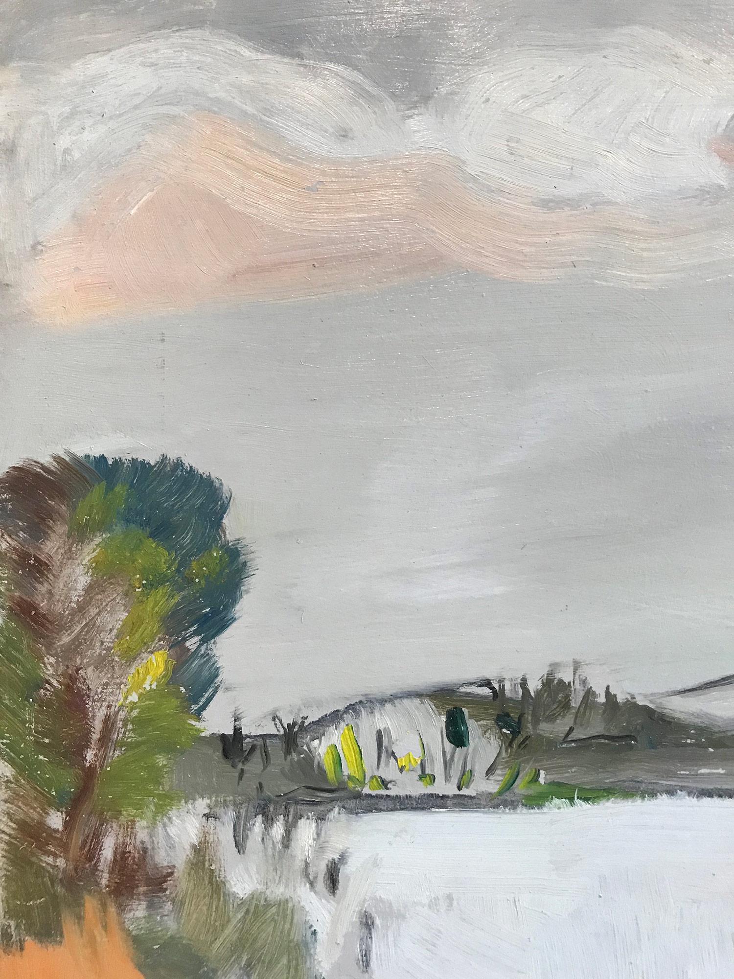 « Scène de paysage d'un pêcheur par un lac » - Peinture à l'huile expressionniste sur massonite - Expressionniste Painting par Michael Baxte