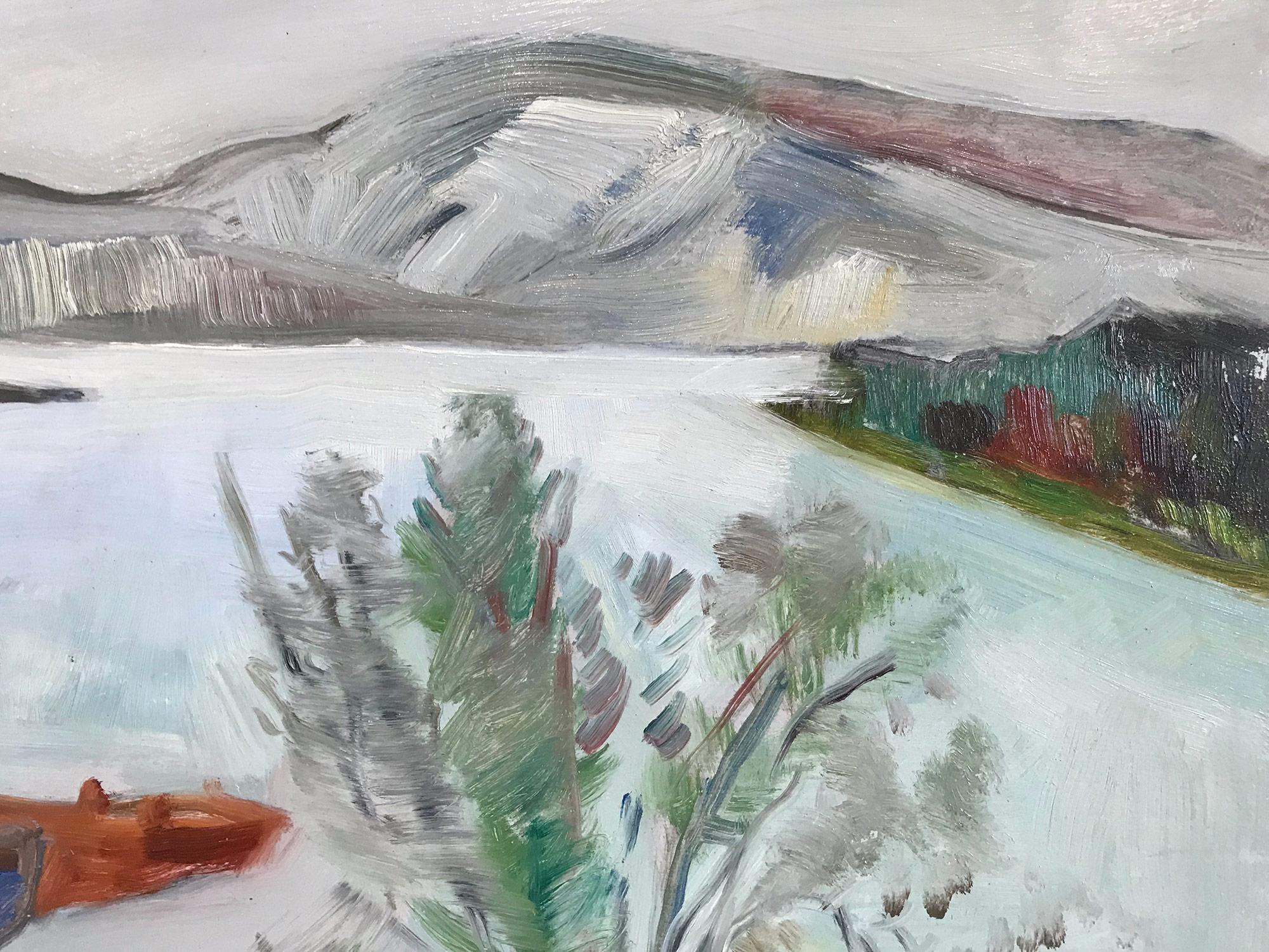 « Scène de paysage d'un pêcheur par un lac » - Peinture à l'huile expressionniste sur massonite - Gris Figurative Painting par Michael Baxte