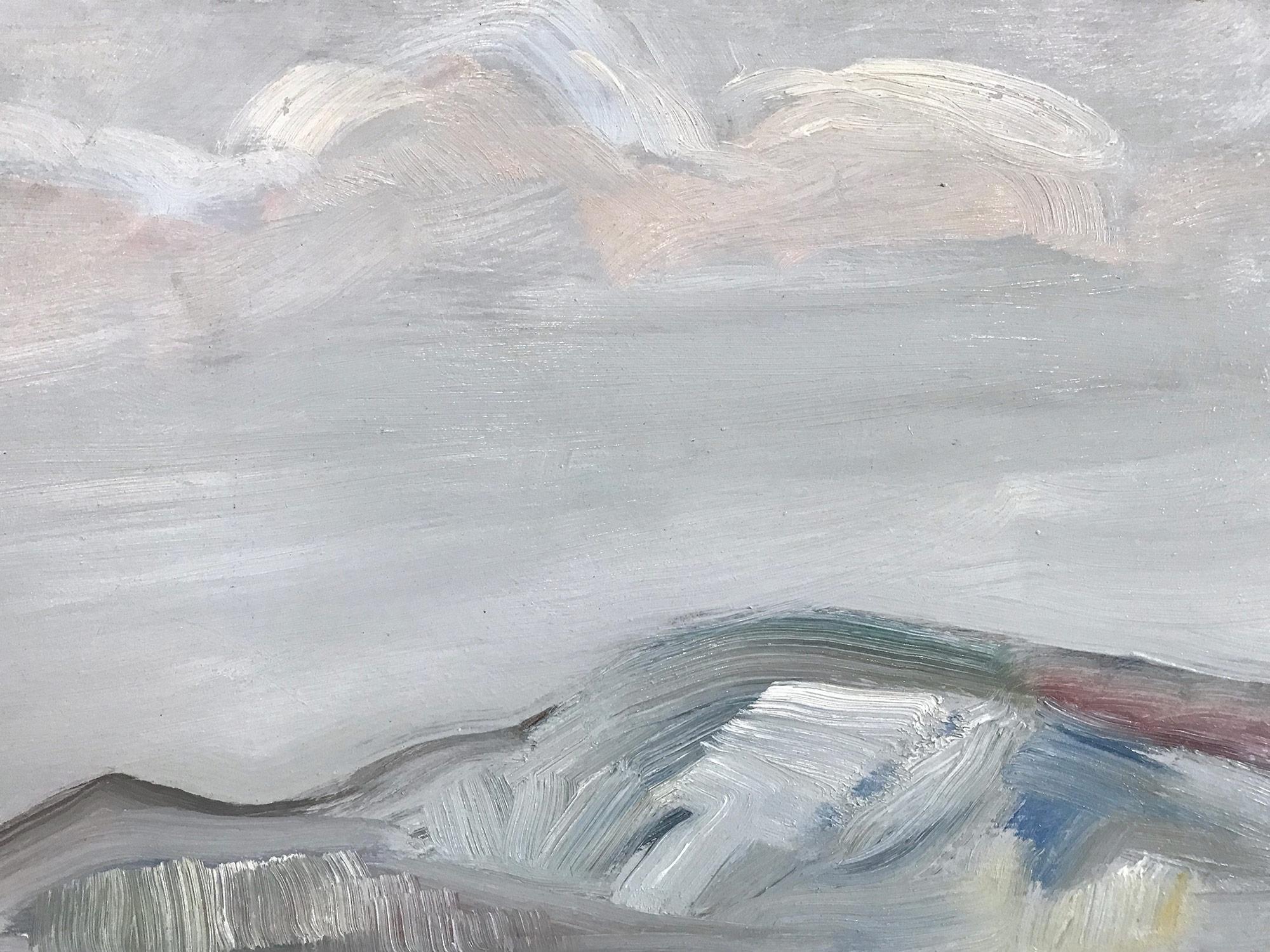 « Scène de paysage d'un pêcheur par un lac » - Peinture à l'huile expressionniste sur massonite en vente 1