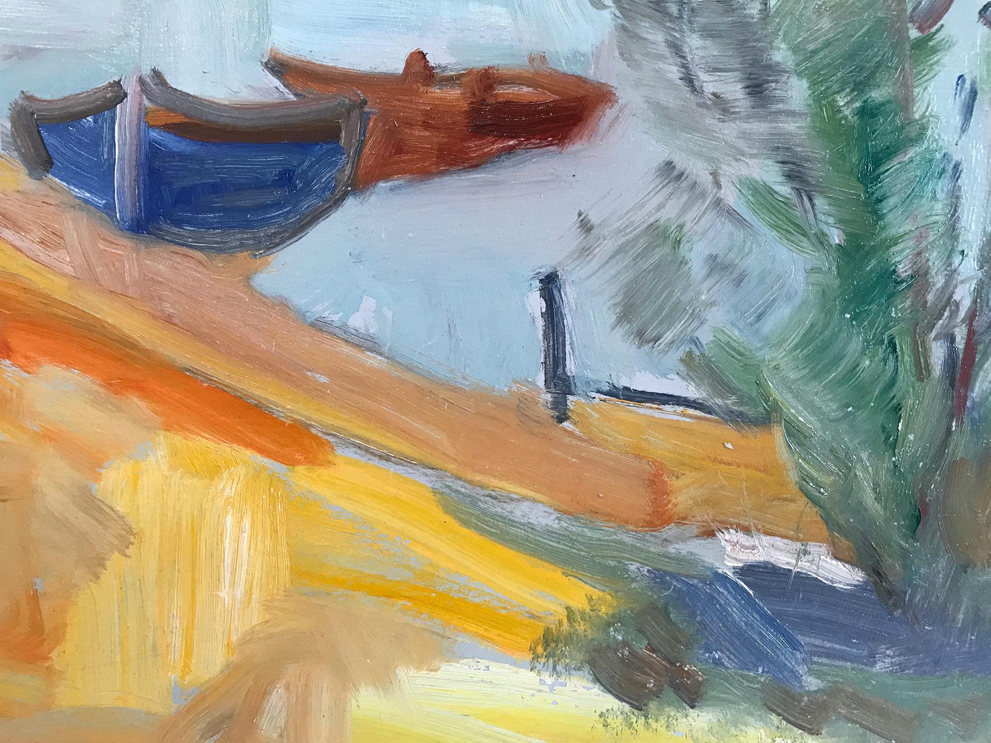 « Scène de paysage d'un pêcheur par un lac » - Peinture à l'huile expressionniste sur massonite en vente 3
