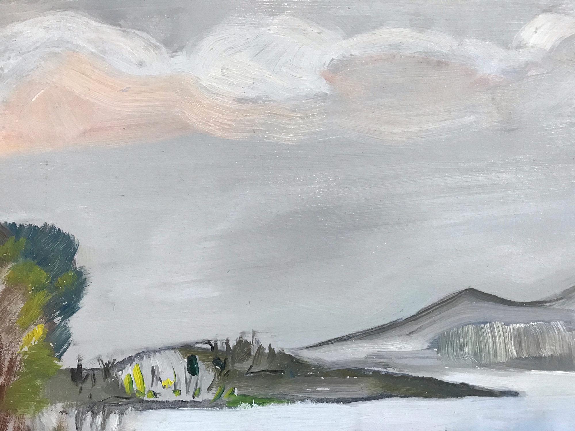 « Scène de paysage d'un pêcheur par un lac » - Peinture à l'huile expressionniste sur massonite en vente 4