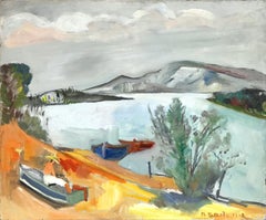 "Escena paisajística de pescador junto a un lago" Pintura al óleo expresionista sobre masonita