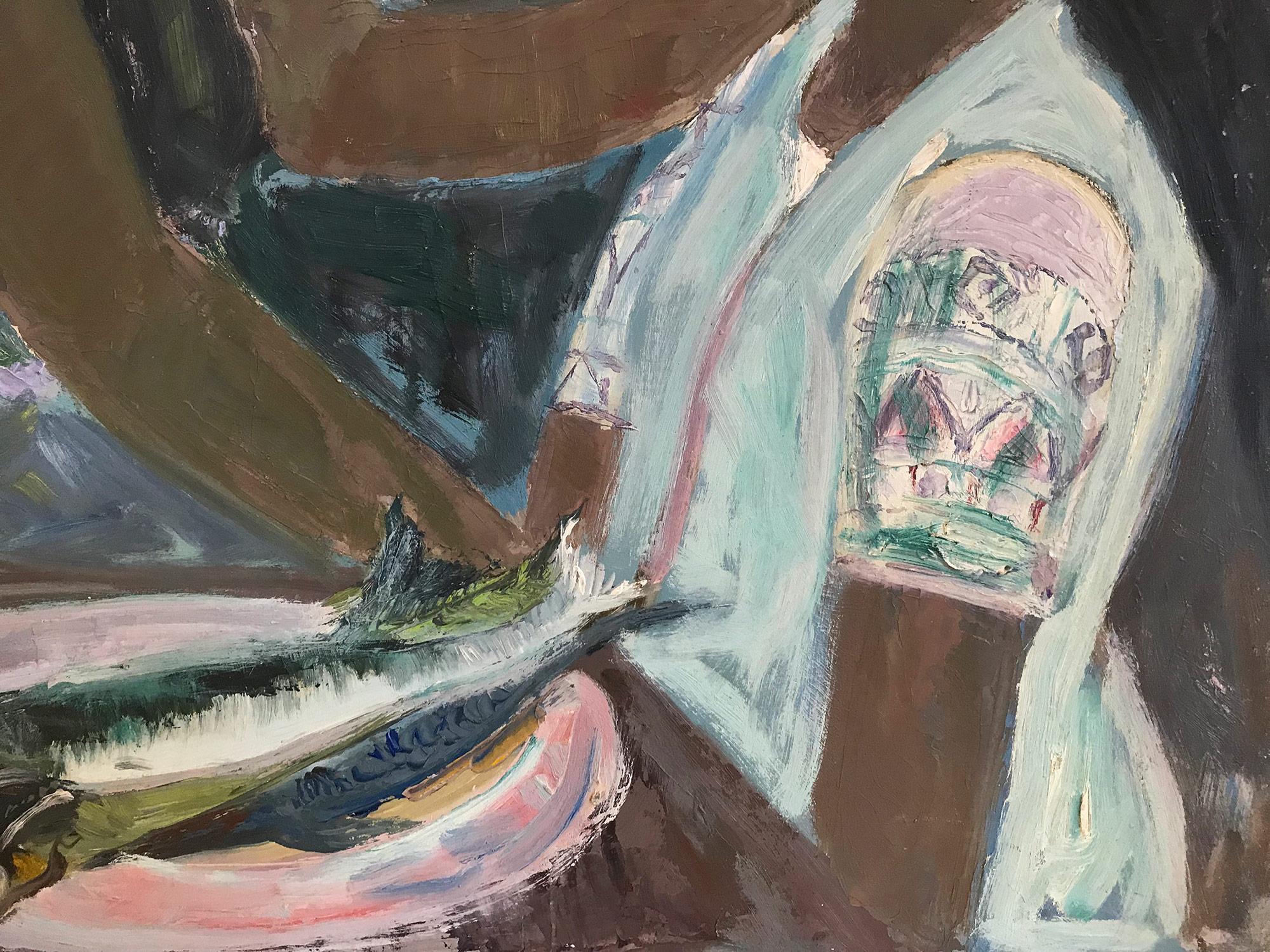 A strong modernist oil painting depicted in the Mid Century by Russian painter Michael Baxte. Mostly known for his abstracted figures on canvas or street scenes, this piece is a wonderful representation of his portraits with expressive use of color,
