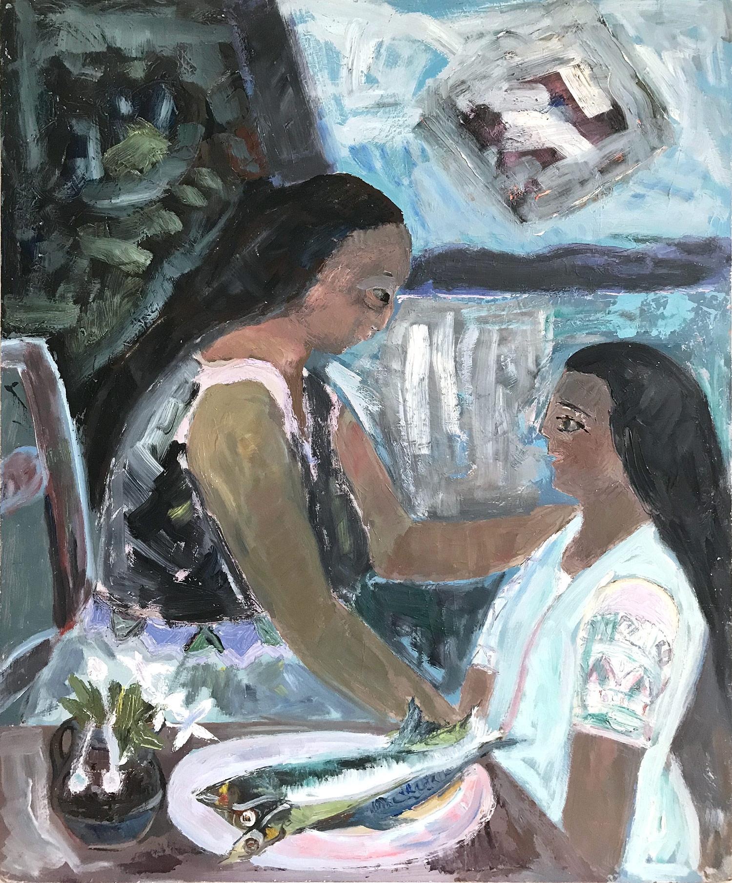 Michael Baxte Figurative Painting - "Mexican Interior Scene Scene with Figures and Fish" Expressionistic Style