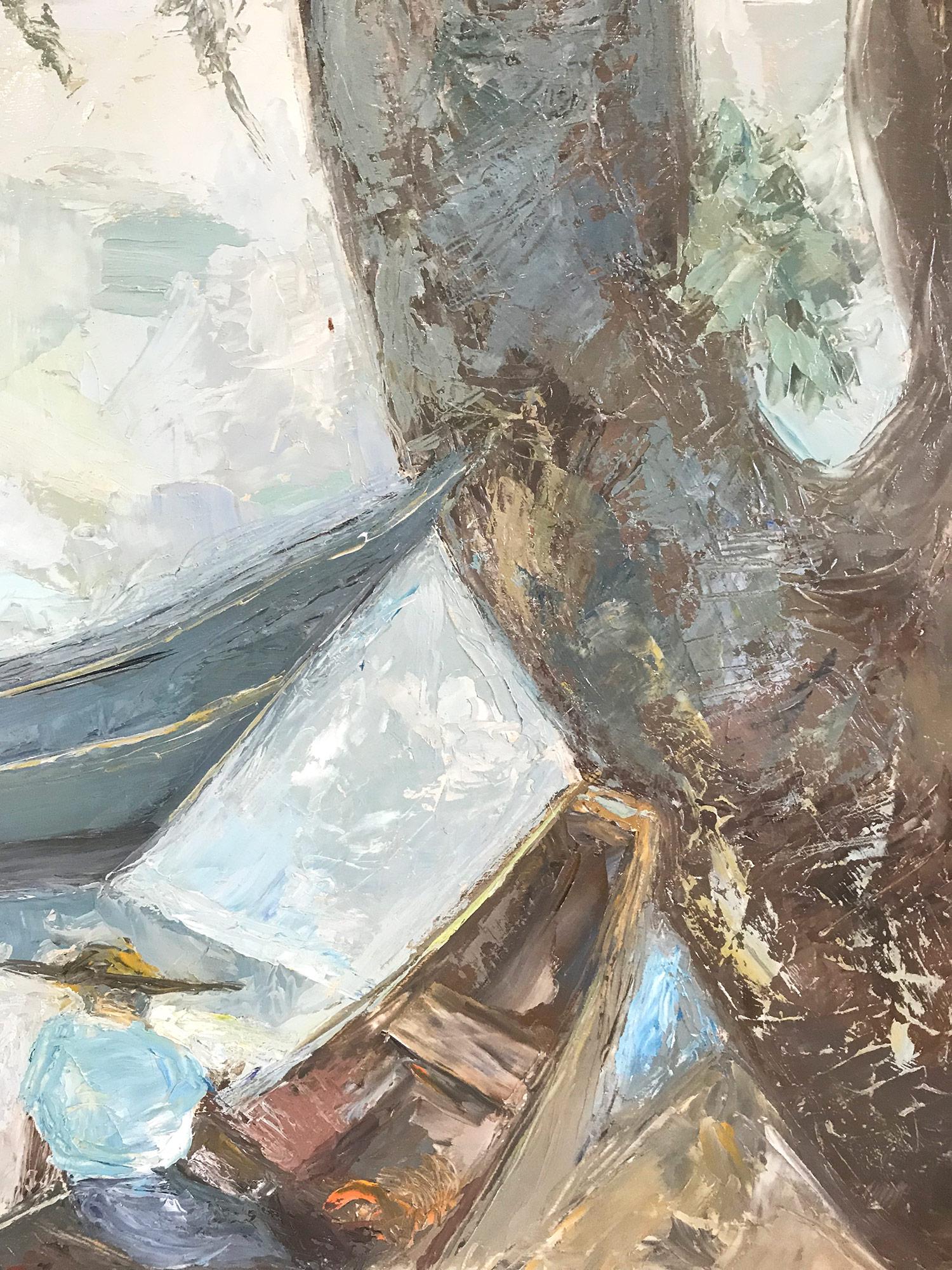 Ein starkes modernistisches Ölgemälde aus der Mitte des Jahrhunderts von dem russischen Maler Michael Baxte. Dieses Werk, das vor allem für seine abstrahierten Figuren auf Leinwand oder Straßenszenen bekannt ist, ist eine wunderbare Darstellung