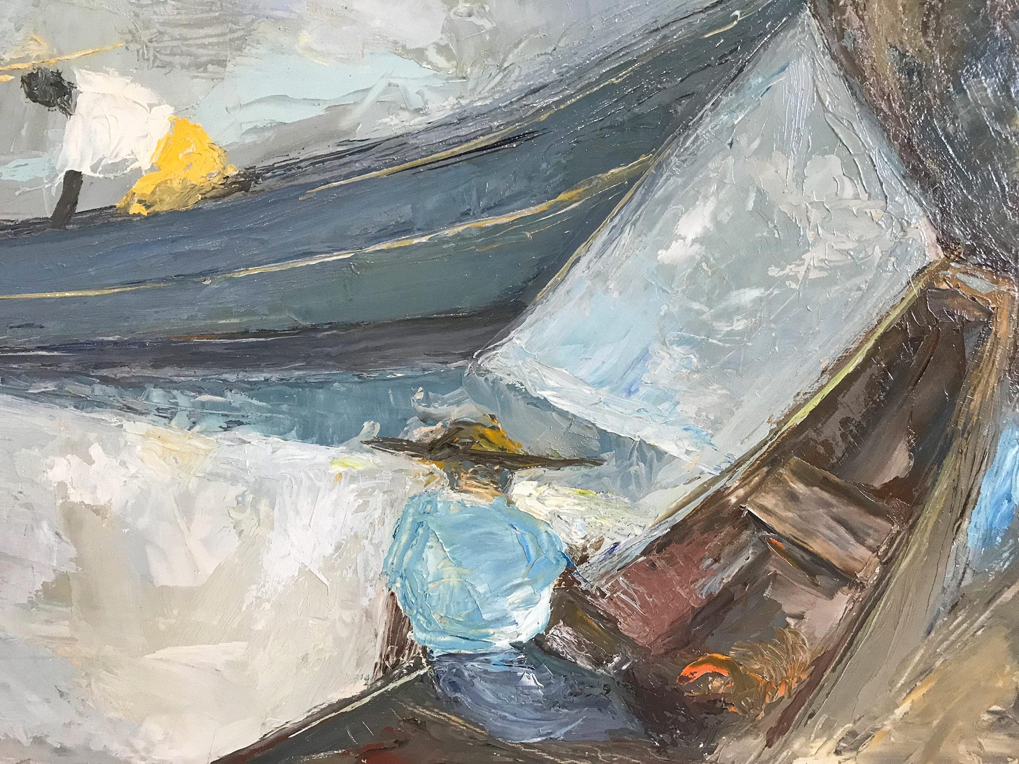A strong modernist oil painting depicted in the Mid Century by Russian painter Michael Baxte. Mostly known for his abstracted figures on canvas or street scenes, this piece is a wonderful representation of his figures in water landscapes with