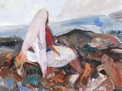 "Escena de paisaje mexicano de madre con hijos" Pintura de estilo expresionista