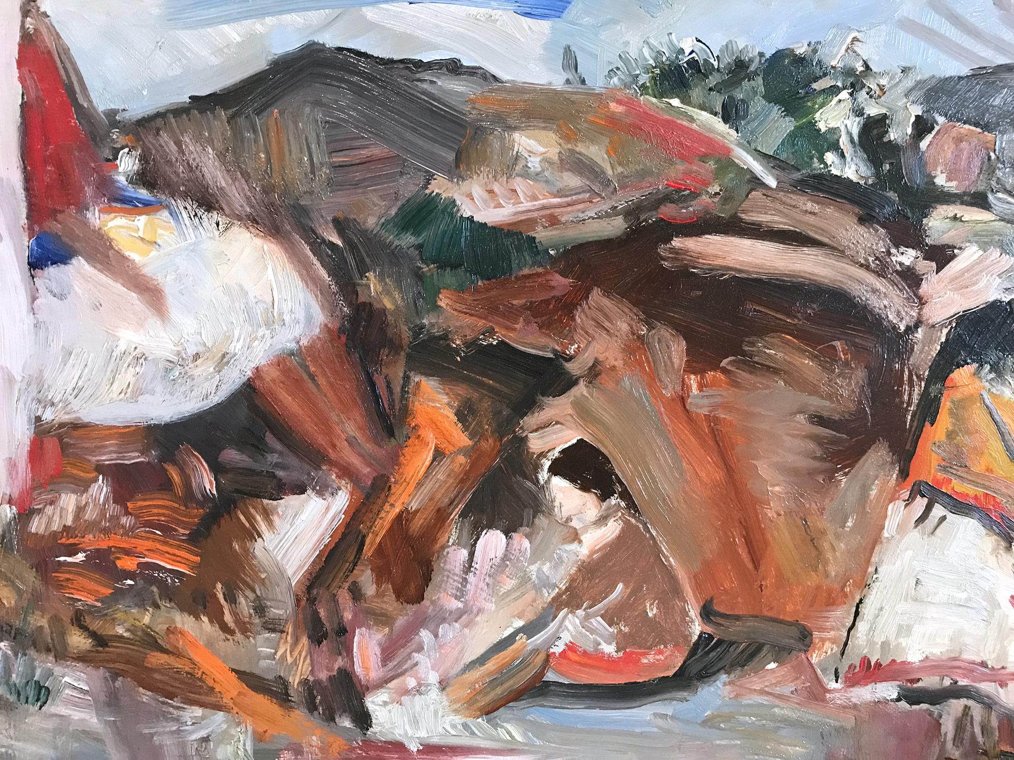 „Mexikanische Landschaftssszene einer Mutter mit Kindern“, Gemälde im expressionistischen Stil (Grau), Figurative Painting, von Michael Baxte